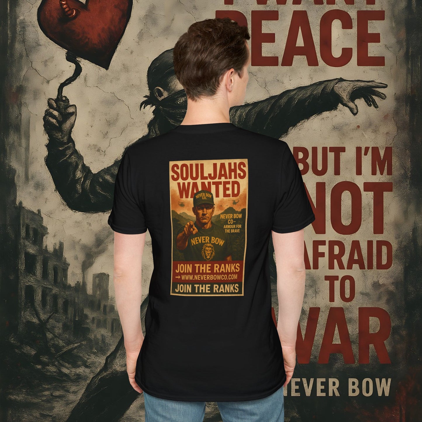 Never Bow Co. “SoulJahs Wanted” Tee | SoulJahs, Divine Souls — this is your calling. Armour for rebels who refuse chains. Vintage war-poster design, lion crest strength, built to outlast empires. Join the ranks. Never Bow.