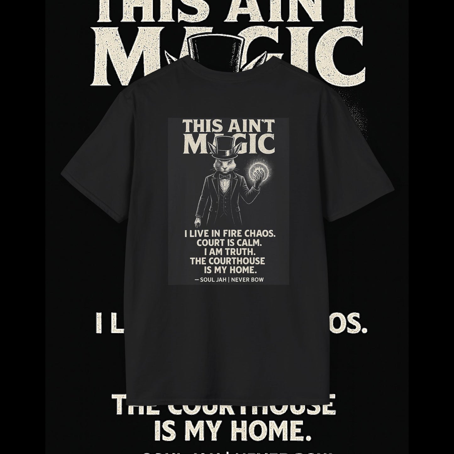 This Ain’t Magic Tee | Never Bow Co | Stand fearless in chaos. “This Ain’t Magic” is more than fabric — it’s truth in motion. Heavy cotton built for courtroom warriors, rebels, and believers who carry calm inside fire.