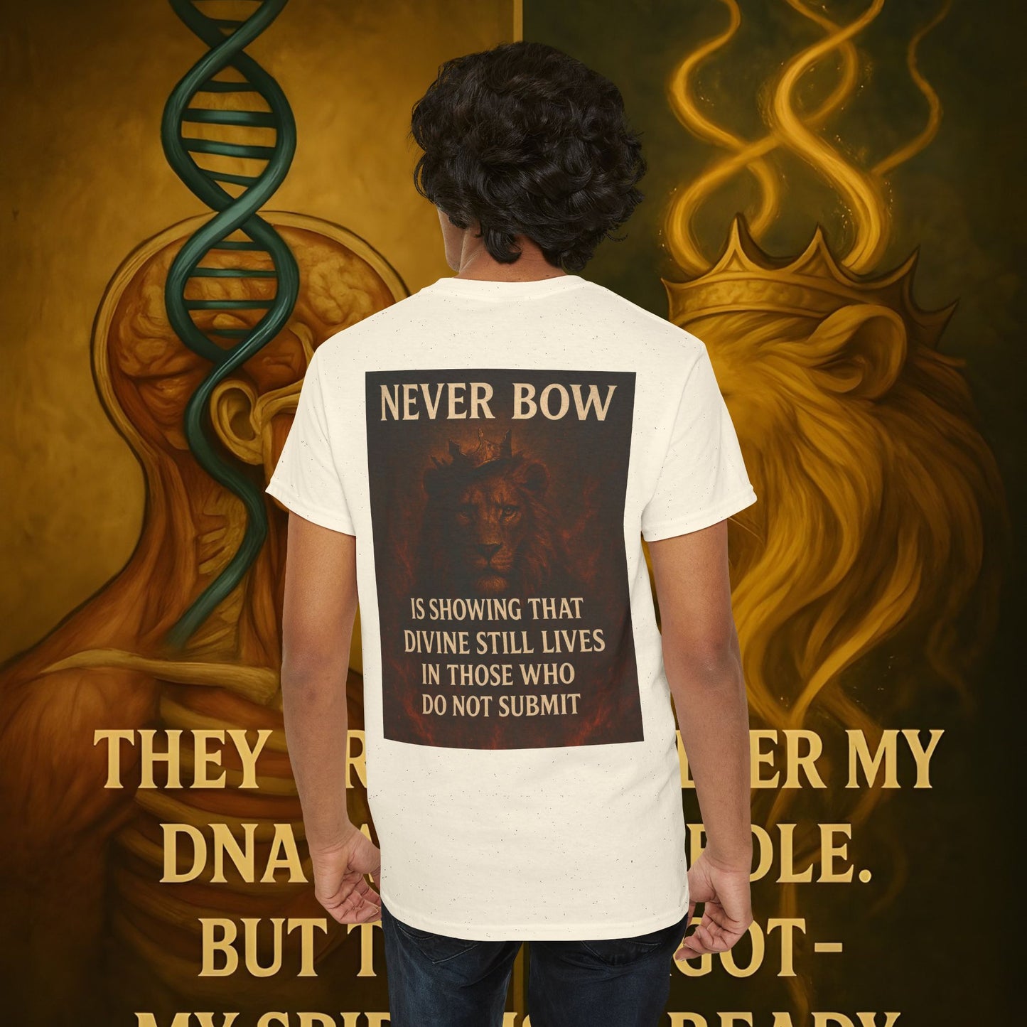 (Heavy Tee) Never Bow Co “Divine Still Lives” Statement Shirt | The Divine Still Lives "Heavy Tee" carries defiance: “Divine still lives in those who don’t submit.” A unisex cut for warriors, rebels, and truth seekers.
