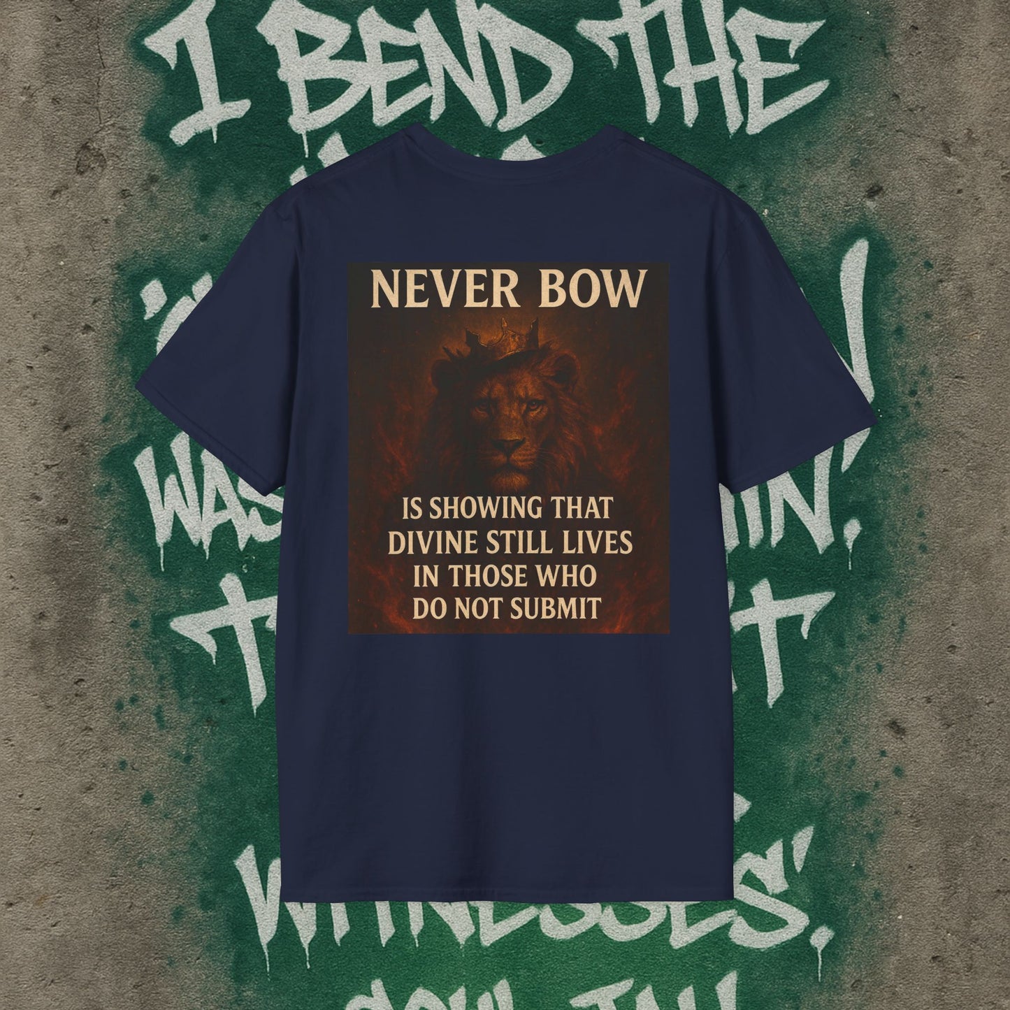 Never Bow Co “Divine Still Lives” | Bold Truth Streetwear. A fearless declaration: “Divine still lives in those who don’t submit.” Heavy cotton, lion-strength style. Built for warriors who resist control and wear their defiance as truth on the streets.