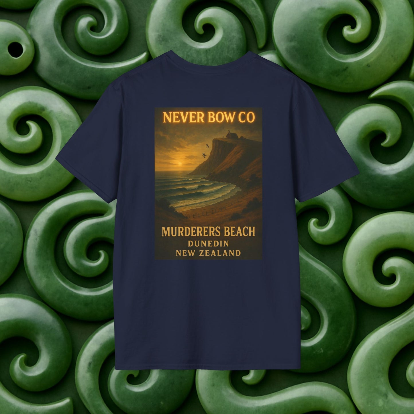 Never Bow Co. “Murderers Beach” Graphic Tee | Lightweight cotton tee honouring Murderers Beach — a symbol of defiance and spirit. Built for rebels and seekers of truth, it carries NZ legend in every thread.