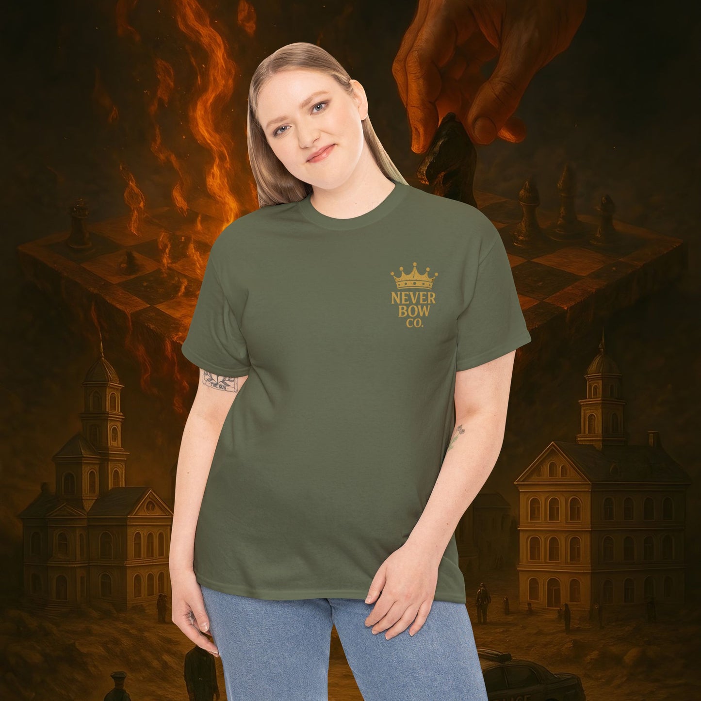 (Heavy Tee) Never Bow Co. Chess Series Tee – “The Game Is Over” | Statement tee featuring the iconic chessboard design — a symbol of battles fought and finished. Built for warriors who refuse to bow, it declares checkmate to the system with style.