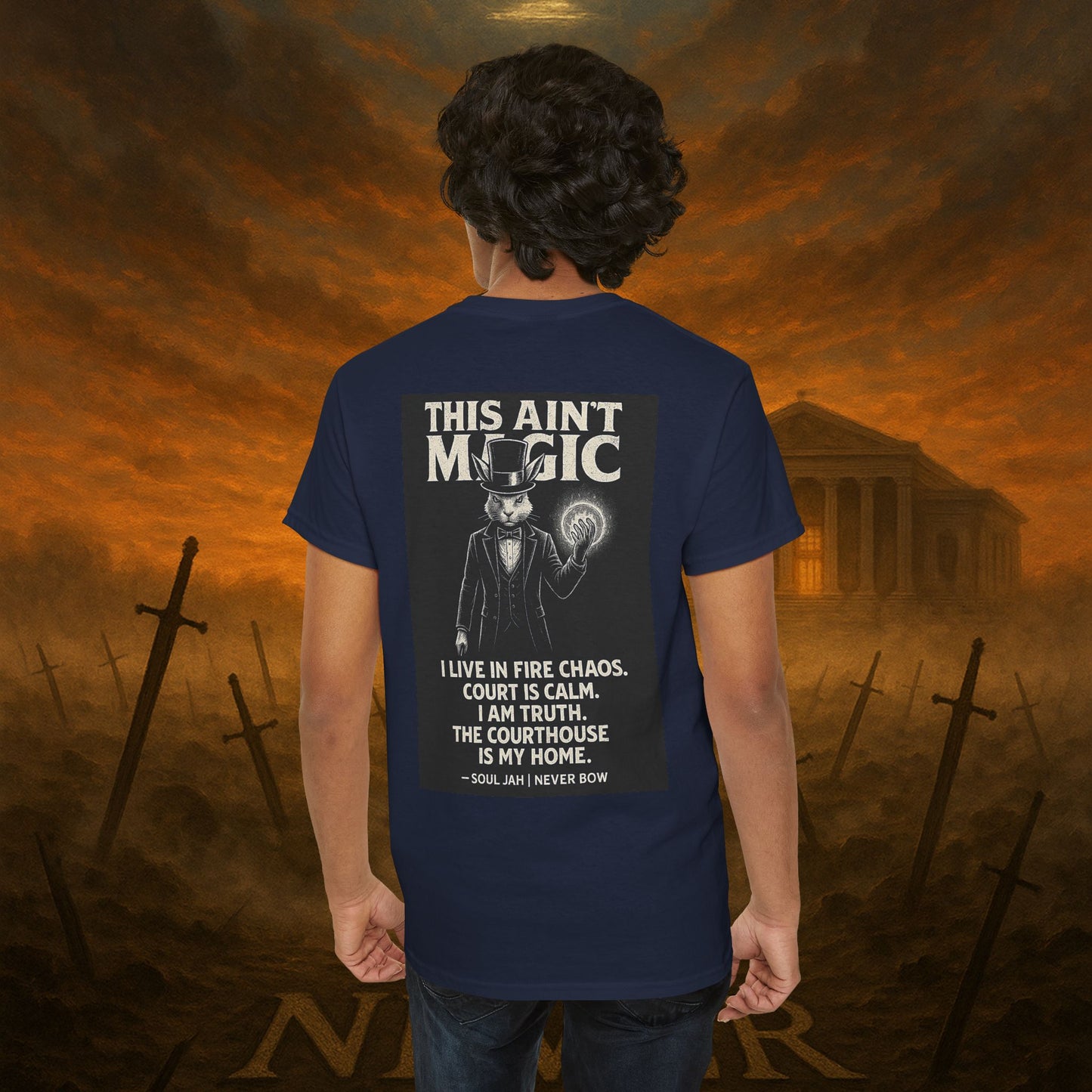 (Heavy Tee) This Ain’t Magic Tee | Chaos is loud. Court is calm. “This Ain’t Magic” lays it bare: truth stands taller than illusions. Heavy cotton built for warriors who carry fire inside but never bow.