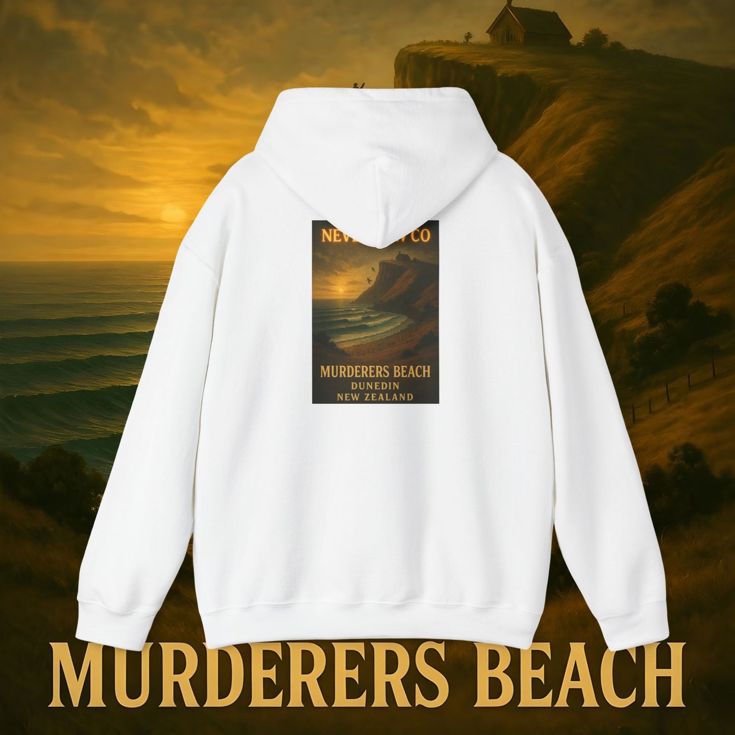 Never Bow Co. “Murderers Beach” | A tribute to Murderers Beach, where spirit outlives time. Heavy hoodie crafted for rebels, adventurers, and truth seekers. Cozy strength, bold art, and ocean legend woven into every stitch. Never Bow.