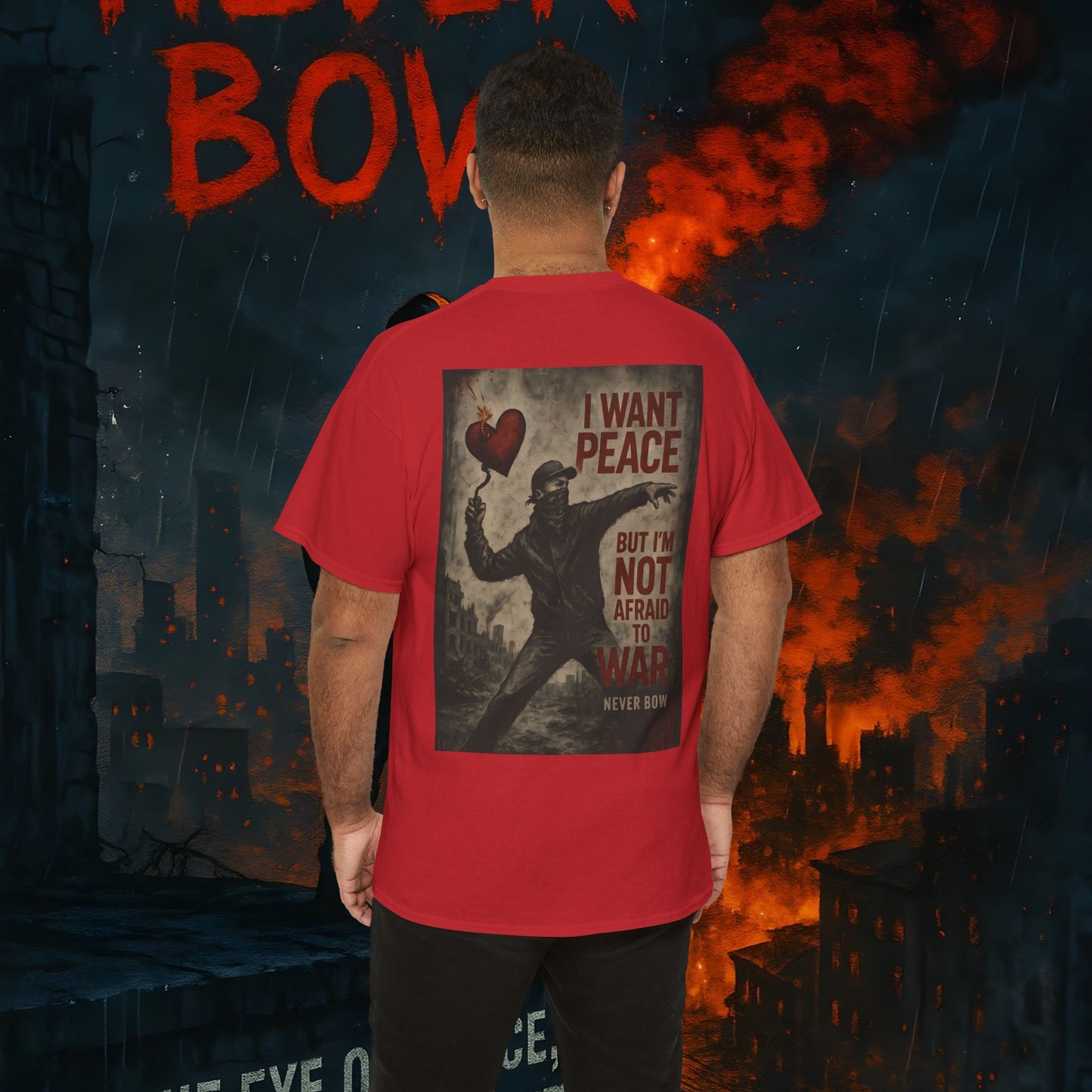 (Heavy Tee) Never Bow Co “I Want Peace, But I’m Not Afraid of War” Peace is the goal, but strength is the stance. This heavy cotton tee makes it clear: you won’t bow, fold, or run. Peaceful, fearless, and unbreakable.