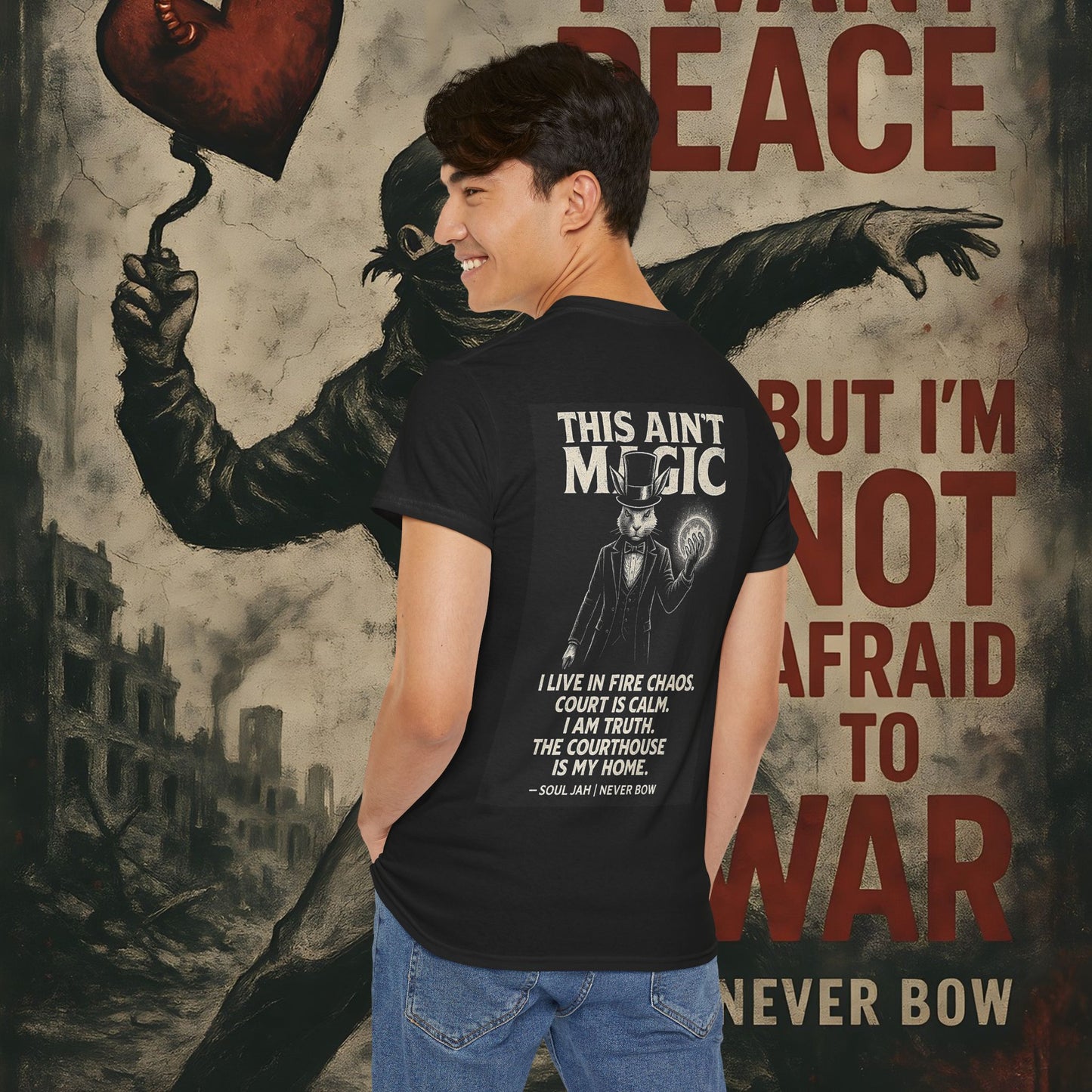(Heavy Tee) This Ain’t Magic Tee | Chaos is loud. Court is calm. “This Ain’t Magic” lays it bare: truth stands taller than illusions. Heavy cotton built for warriors who carry fire inside but never bow.