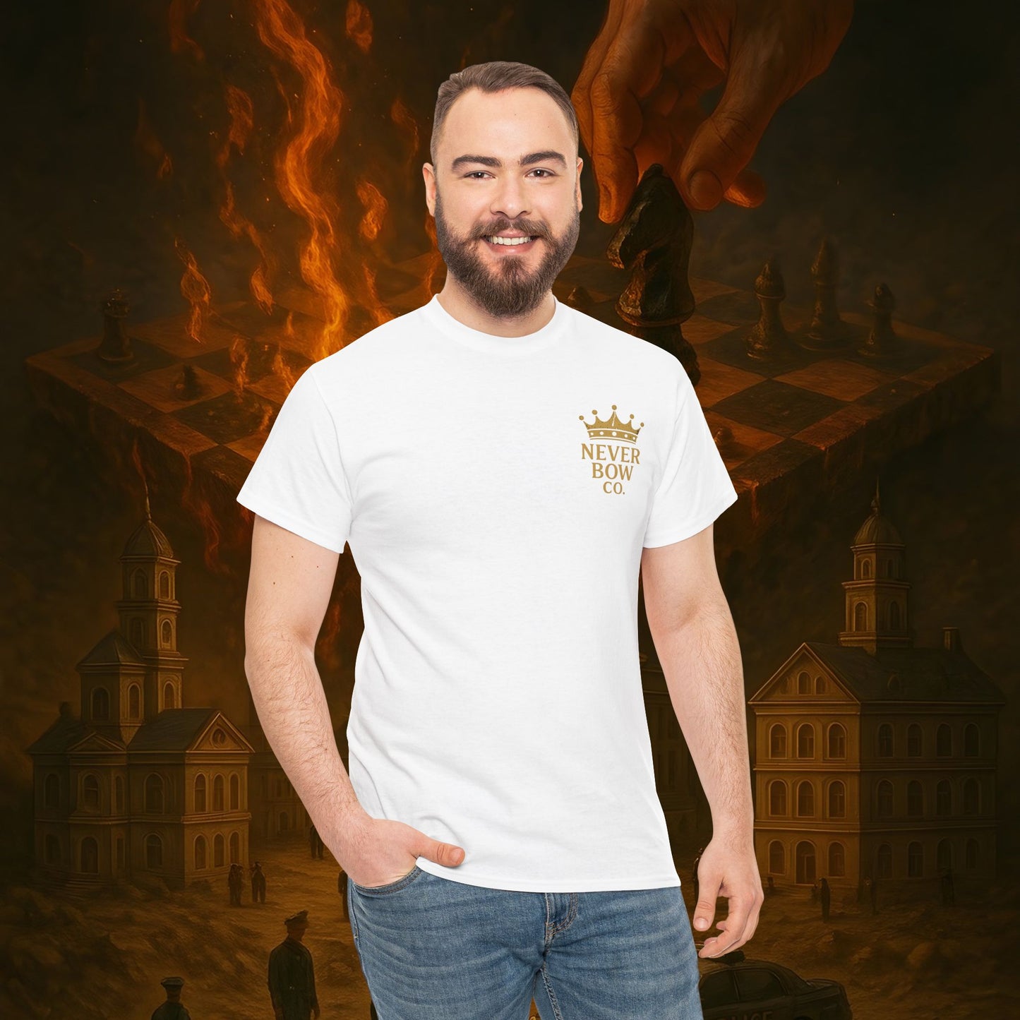 (Heavy Tee) Never Bow Co. Chess Series Tee – “The Game Is Over” | Statement tee featuring the iconic chessboard design — a symbol of battles fought and finished. Built for warriors who refuse to bow, it declares checkmate to the system with style.