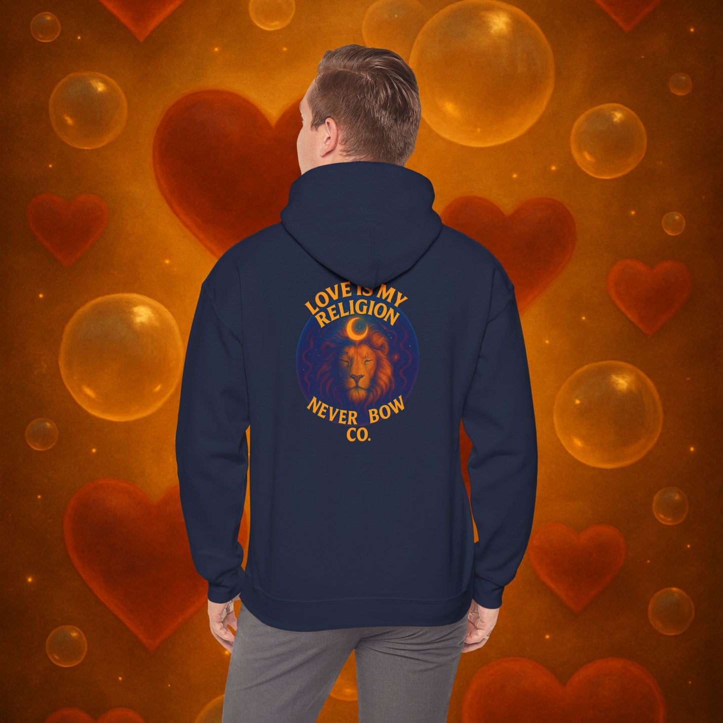 Never Bow Co. “Love Is My Religion” Lion Hoodie | A pullover for fearless souls. The crowned lion blazes with defiance: Love Is My Religion. Heavyweight comfort, cosmic strength, and unshakable streetwear for rebels who refuse to bow.