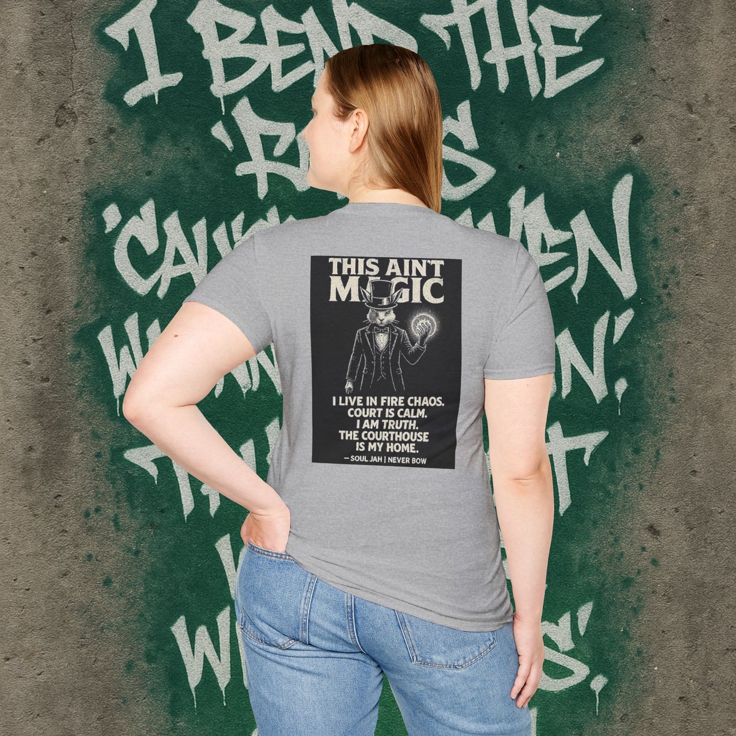 This Ain’t Magic Tee | Never Bow Co | Stand fearless in chaos. “This Ain’t Magic” is more than fabric — it’s truth in motion. Heavy cotton built for courtroom warriors, rebels, and believers who carry calm inside fire.