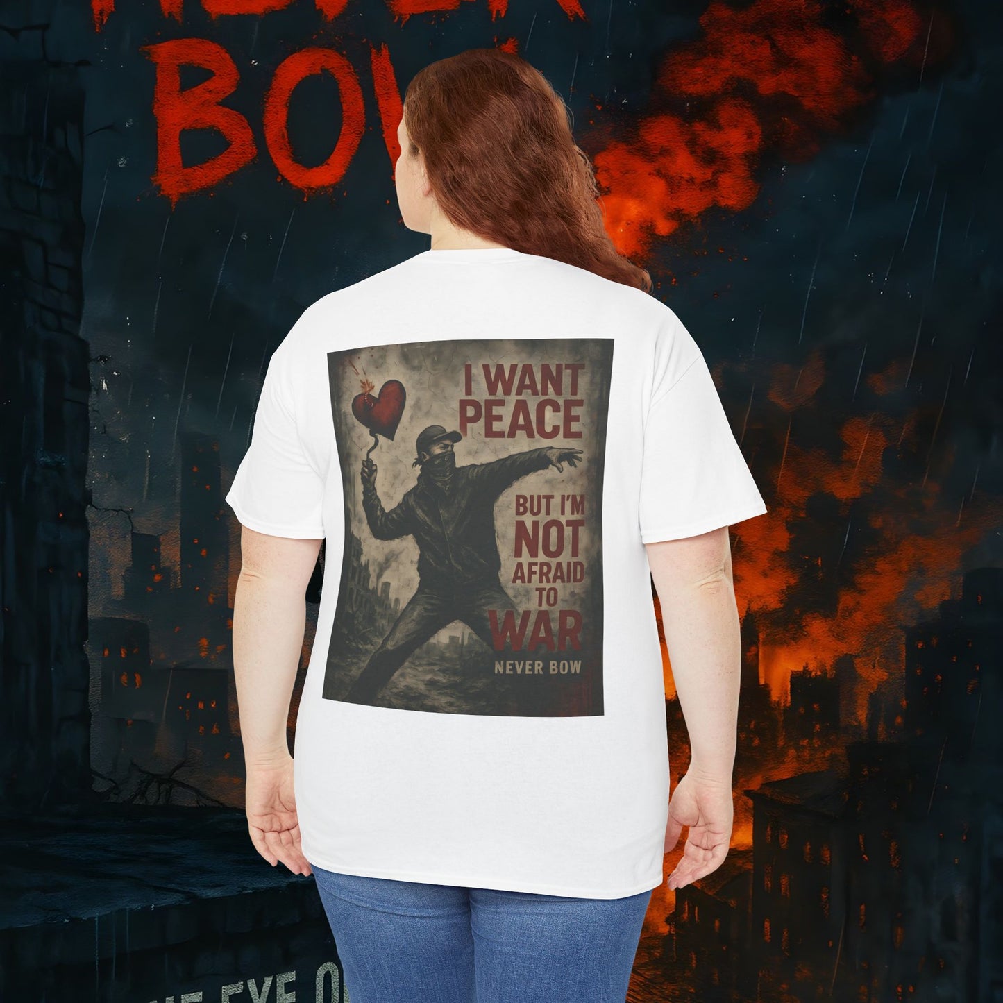 (Heavy Tee) Never Bow Co “I Want Peace, But I’m Not Afraid of War” Peace is the goal, but strength is the stance. This heavy cotton tee makes it clear: you won’t bow, fold, or run. Peaceful, fearless, and unbreakable.