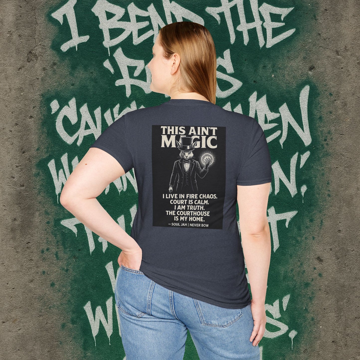 This Ain’t Magic Tee | Never Bow Co | Stand fearless in chaos. “This Ain’t Magic” is more than fabric — it’s truth in motion. Heavy cotton built for courtroom warriors, rebels, and believers who carry calm inside fire.