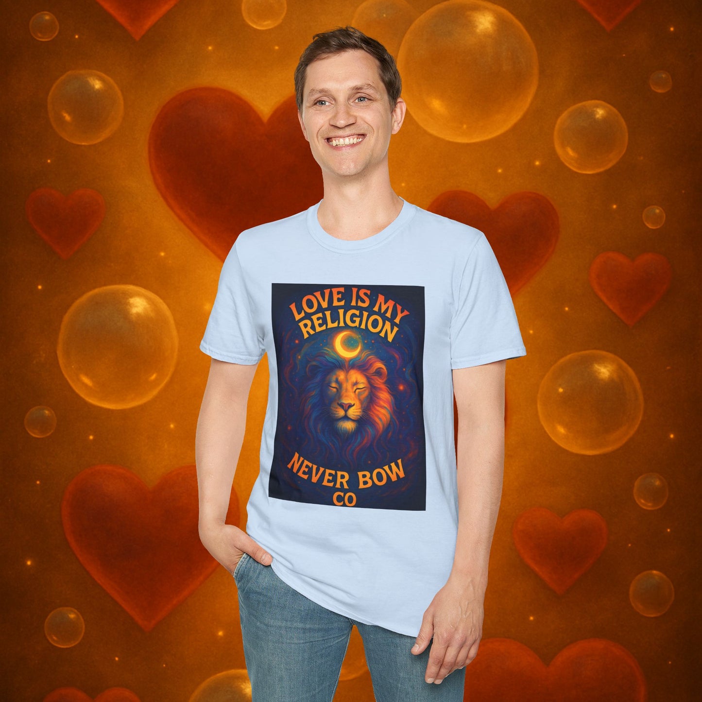 Never Bow Co. “Love Is My Religion” Tee | Spiritual Streetwear Statement declares: Love is my religion. This tee carries spiritual strength and fearless defiance. For seekers, rebels, and warriors who wear love as their creed. Never Bow.