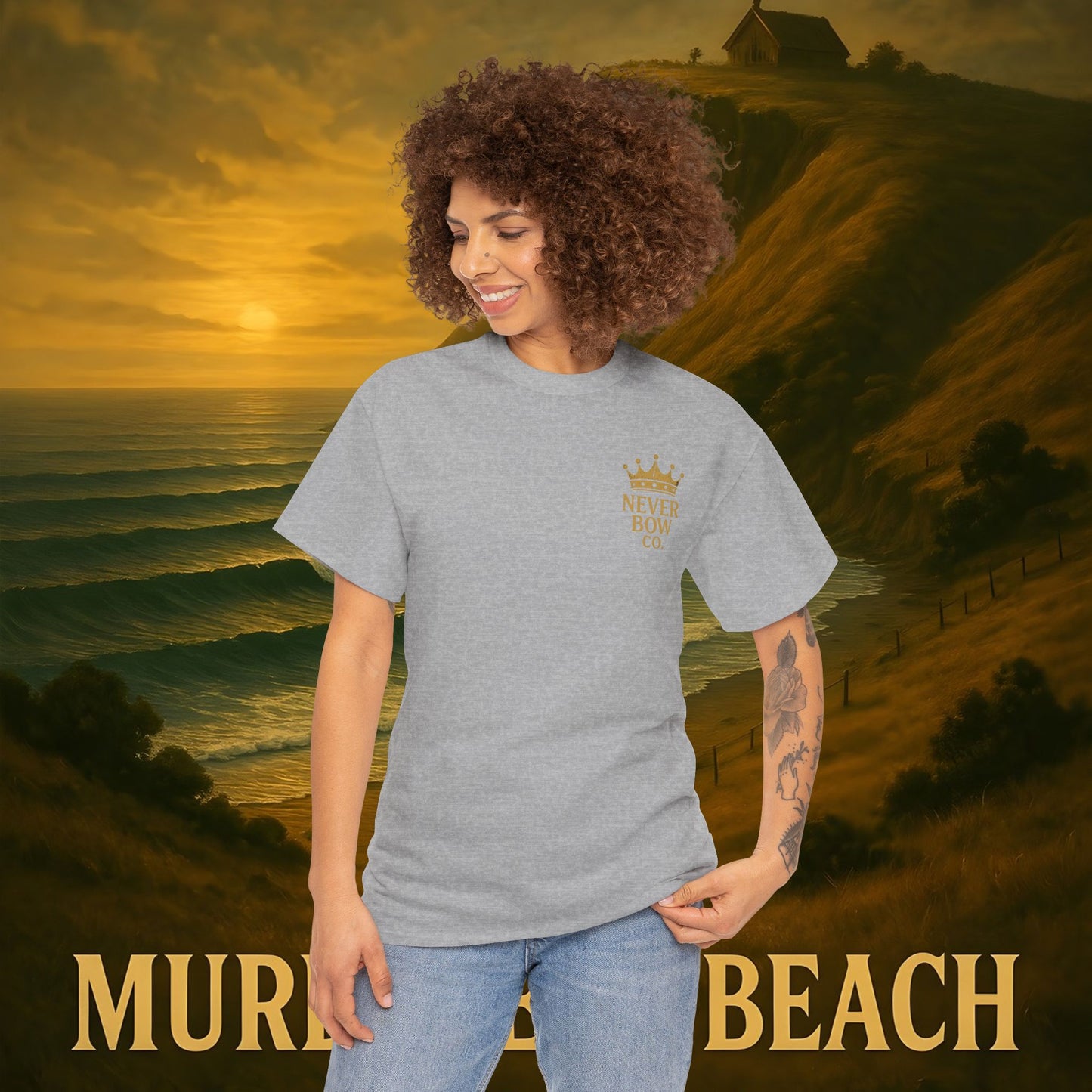 (Heavy Tee) Never Bow Co. “Murderers Beach” | Tribute to New Zealand’s Murderers Beach — a place of history, spirit, and defiance. Heavy cotton tee built for rebels, truth seekers, and ocean warriors. Wear the legend. Never Bow.