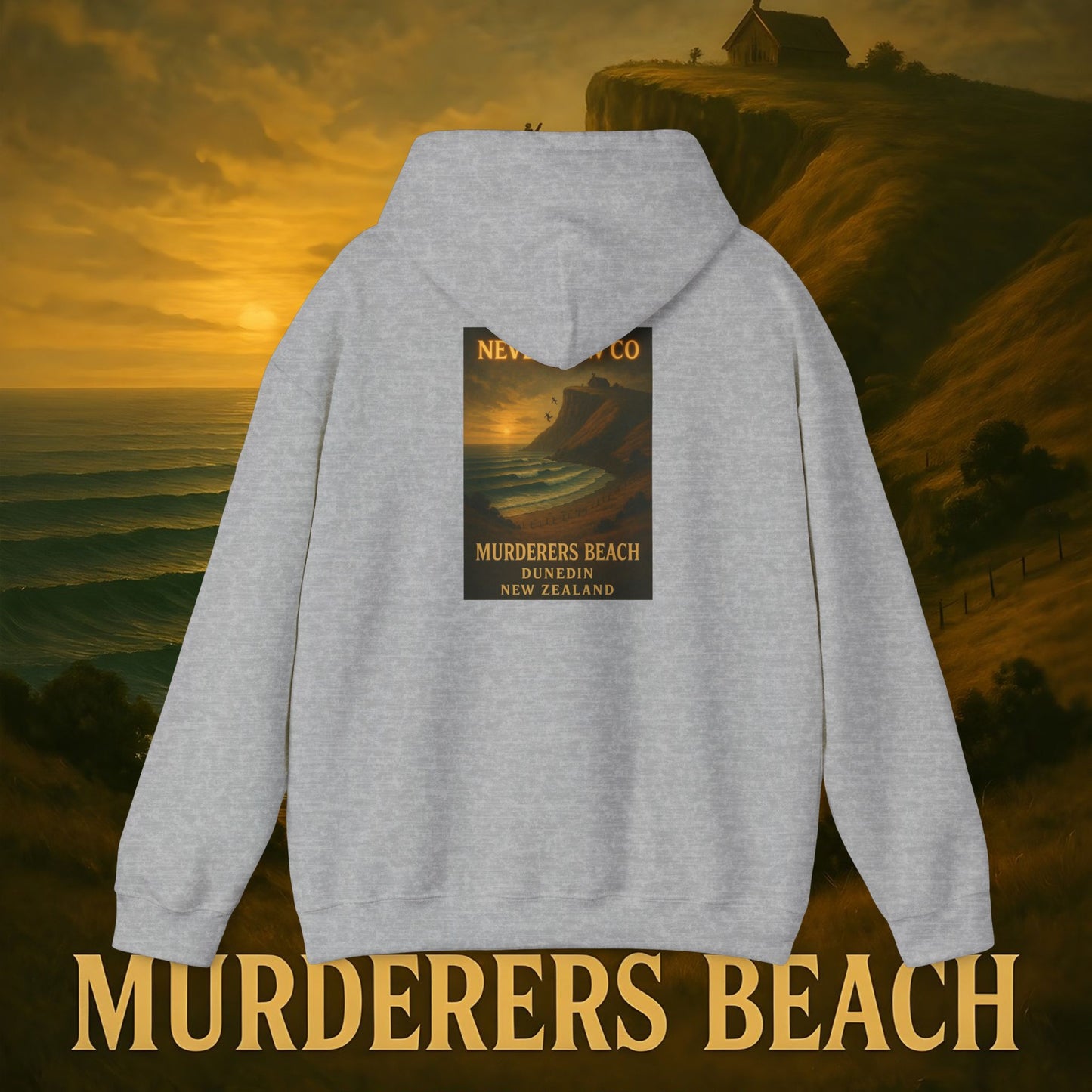 Never Bow Co. “Murderers Beach” | A tribute to Murderers Beach, where spirit outlives time. Heavy hoodie crafted for rebels, adventurers, and truth seekers. Cozy strength, bold art, and ocean legend woven into every stitch. Never Bow.
