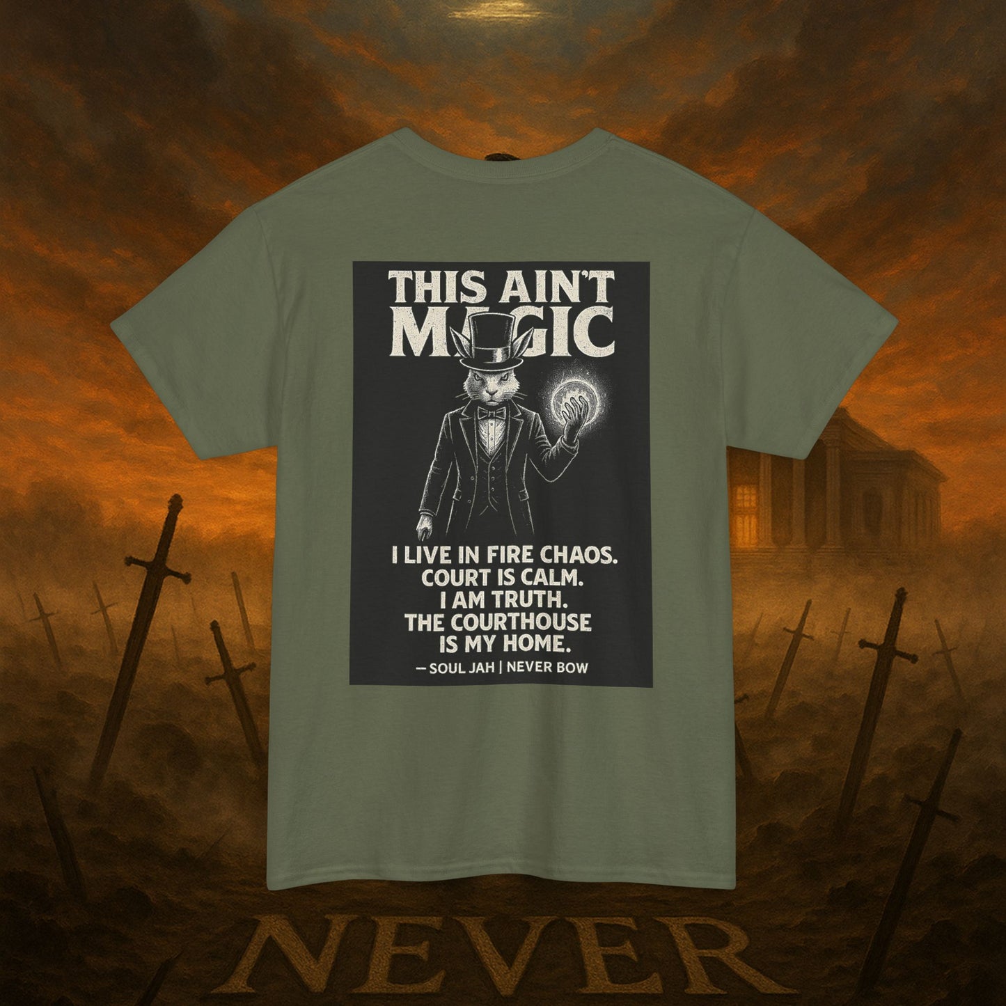 (Heavy Tee) This Ain’t Magic Tee | Chaos is loud. Court is calm. “This Ain’t Magic” lays it bare: truth stands taller than illusions. Heavy cotton built for warriors who carry fire inside but never bow.