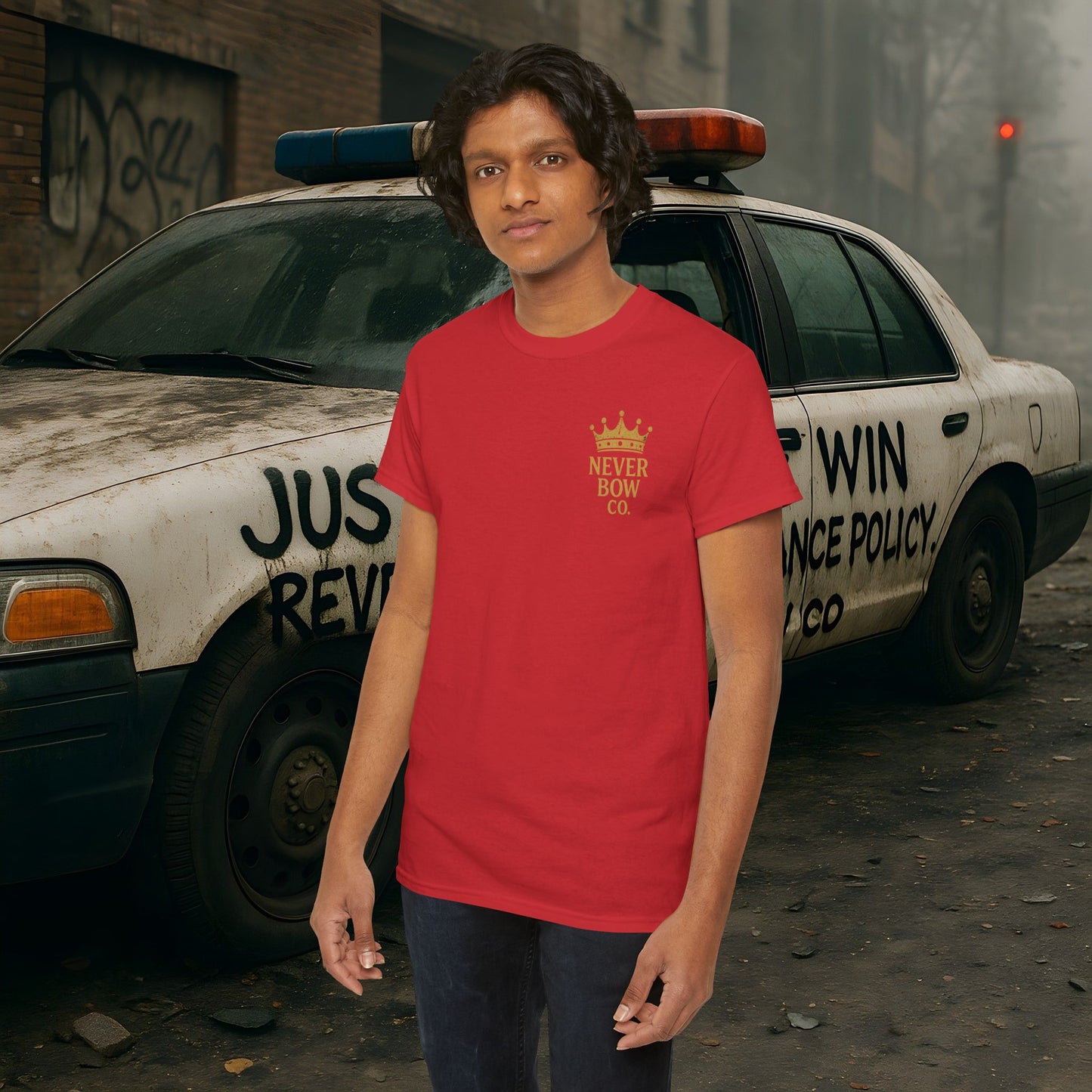 (Heavy Tee) Never Bow Co “Justice Will Be Heard” | Justice has a voice, and it roars from your back. Heavy cotton, bold print — a rebel’s declaration that truth echoes louder than lies. Wear it. Make them listen.