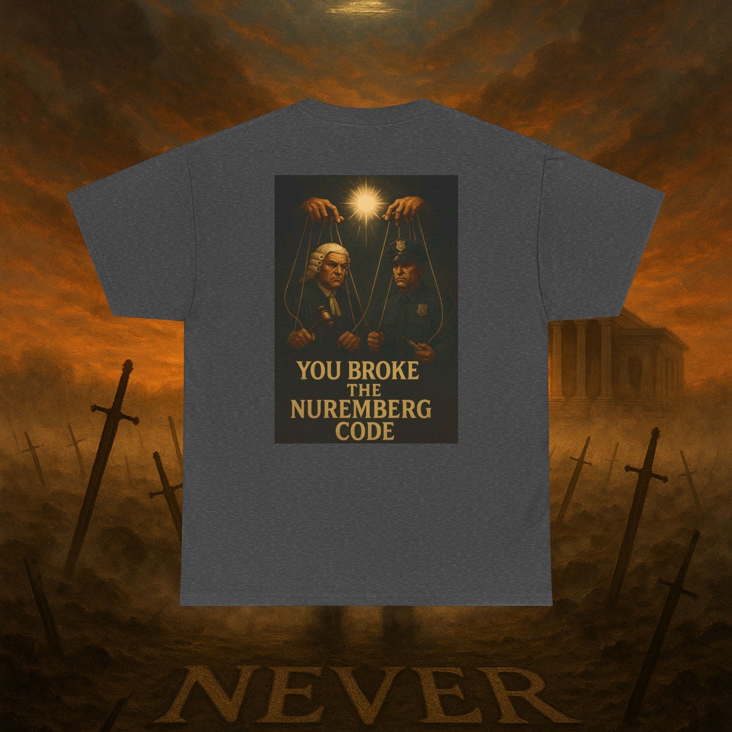 (Heavy Tee) Never Bow Co “You Broke Warrior’s Code” Defiance woven in cotton. Bold courtroom warrior’s graphic calling out broken codes. Built for strength, resistance, and truth-tellers who won’t fold. Wear the message, carry the fire, Never Bow.