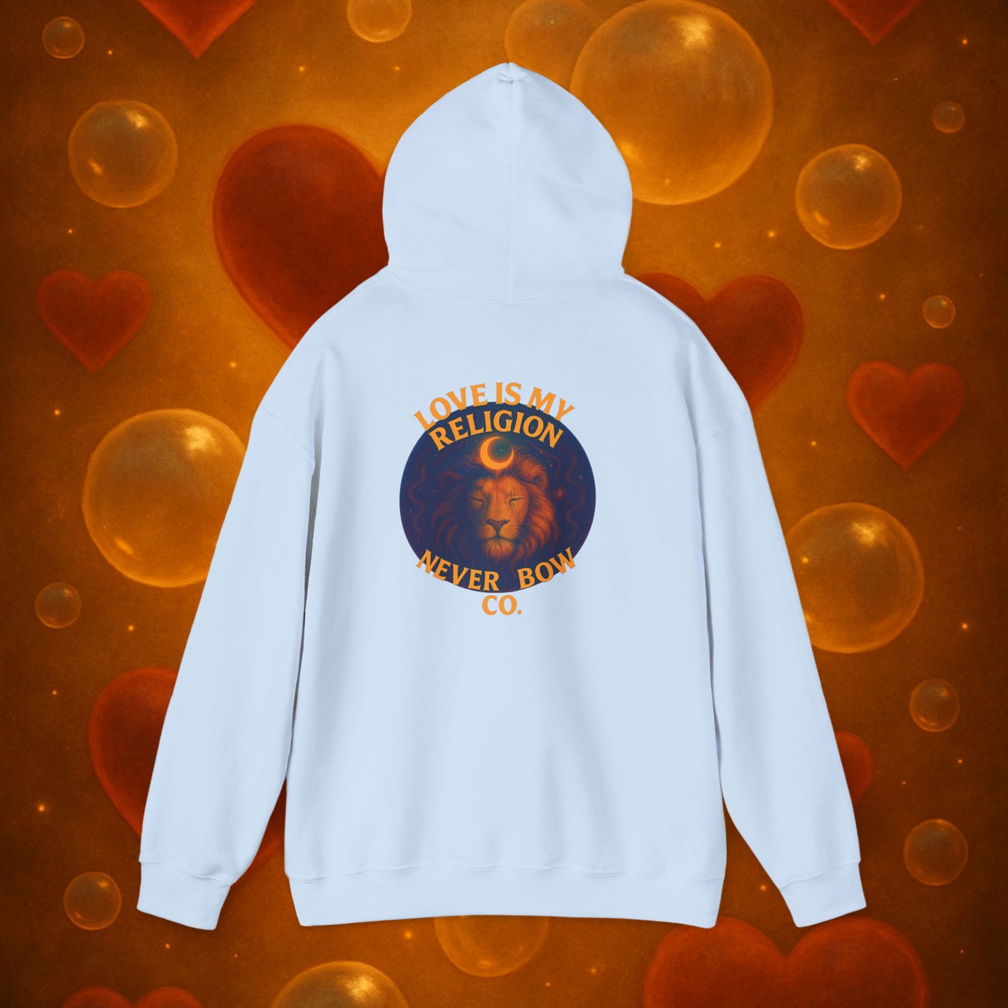 Never Bow Co. “Love Is My Religion” Lion Hoodie | A pullover for fearless souls. The crowned lion blazes with defiance: Love Is My Religion. Heavyweight comfort, cosmic strength, and unshakable streetwear for rebels who refuse to bow.