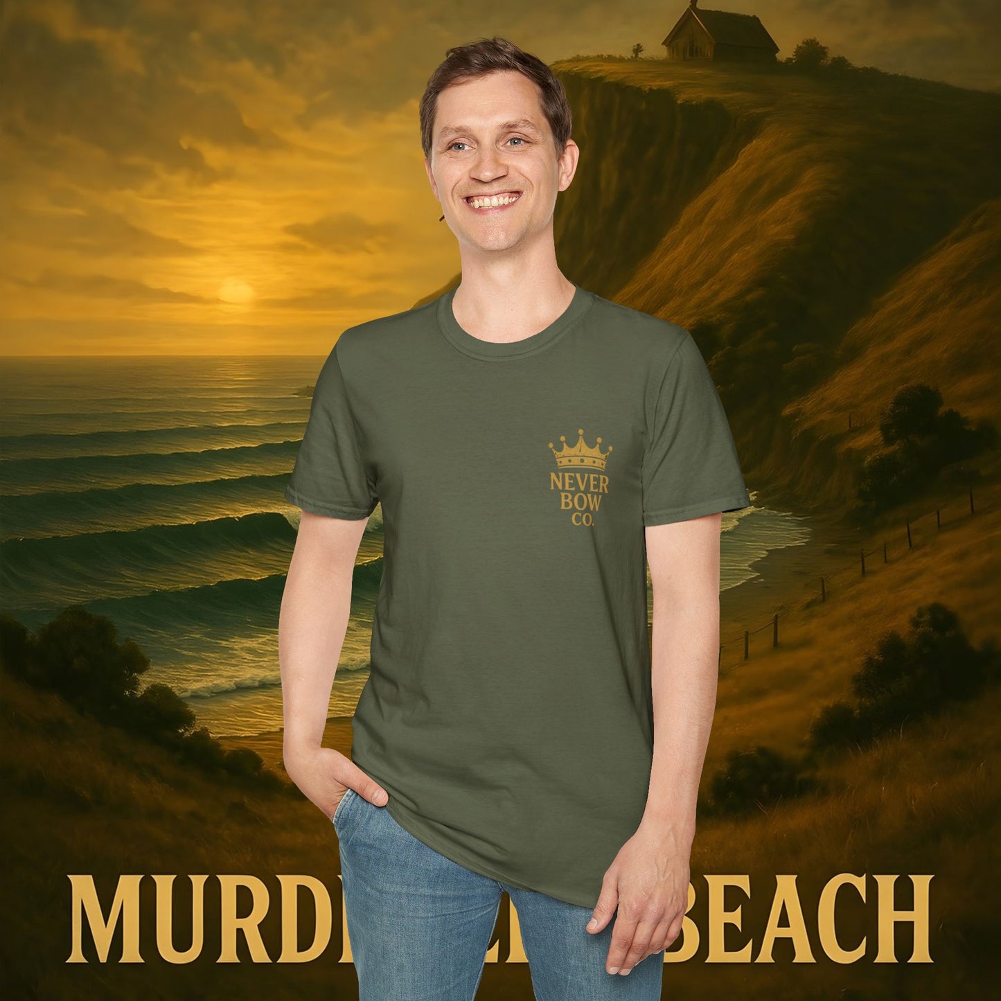 Never Bow Co. “Murderers Beach” Graphic Tee | Lightweight cotton tee honouring Murderers Beach — a symbol of defiance and spirit. Built for rebels and seekers of truth, it carries NZ legend in every thread.