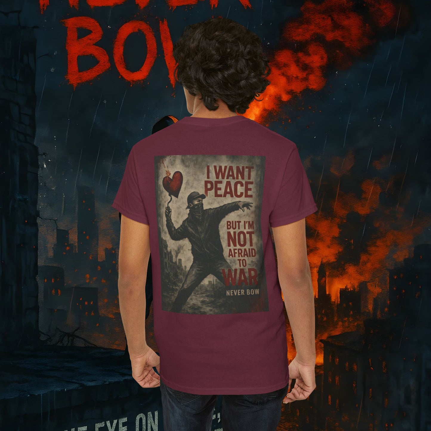 (Heavy Tee) Never Bow Co “I Want Peace, But I’m Not Afraid of War” Peace is the goal, but strength is the stance. This heavy cotton tee makes it clear: you won’t bow, fold, or run. Peaceful, fearless, and unbreakable.