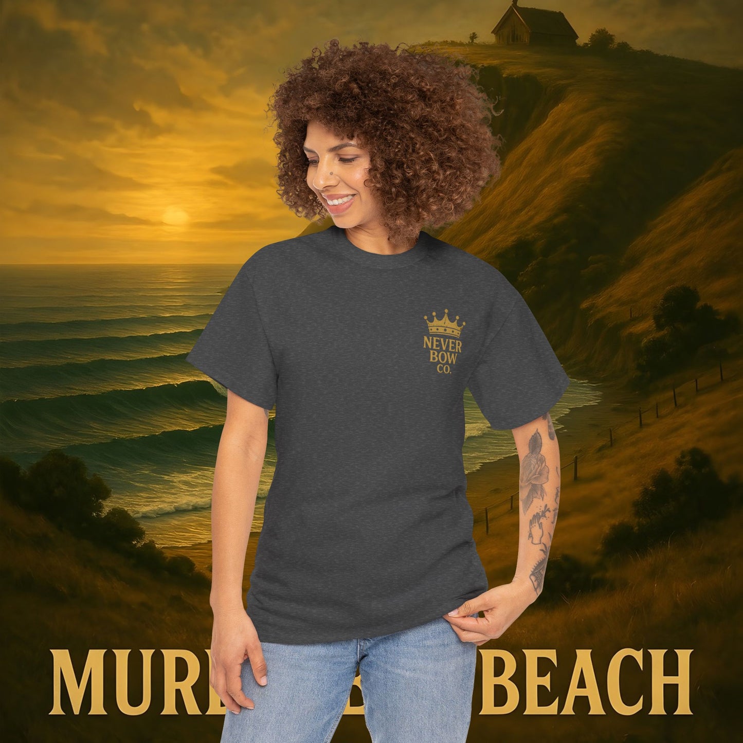 (Heavy Tee) Never Bow Co. “Murderers Beach” | Tribute to New Zealand’s Murderers Beach — a place of history, spirit, and defiance. Heavy cotton tee built for rebels, truth seekers, and ocean warriors. Wear the legend. Never Bow.