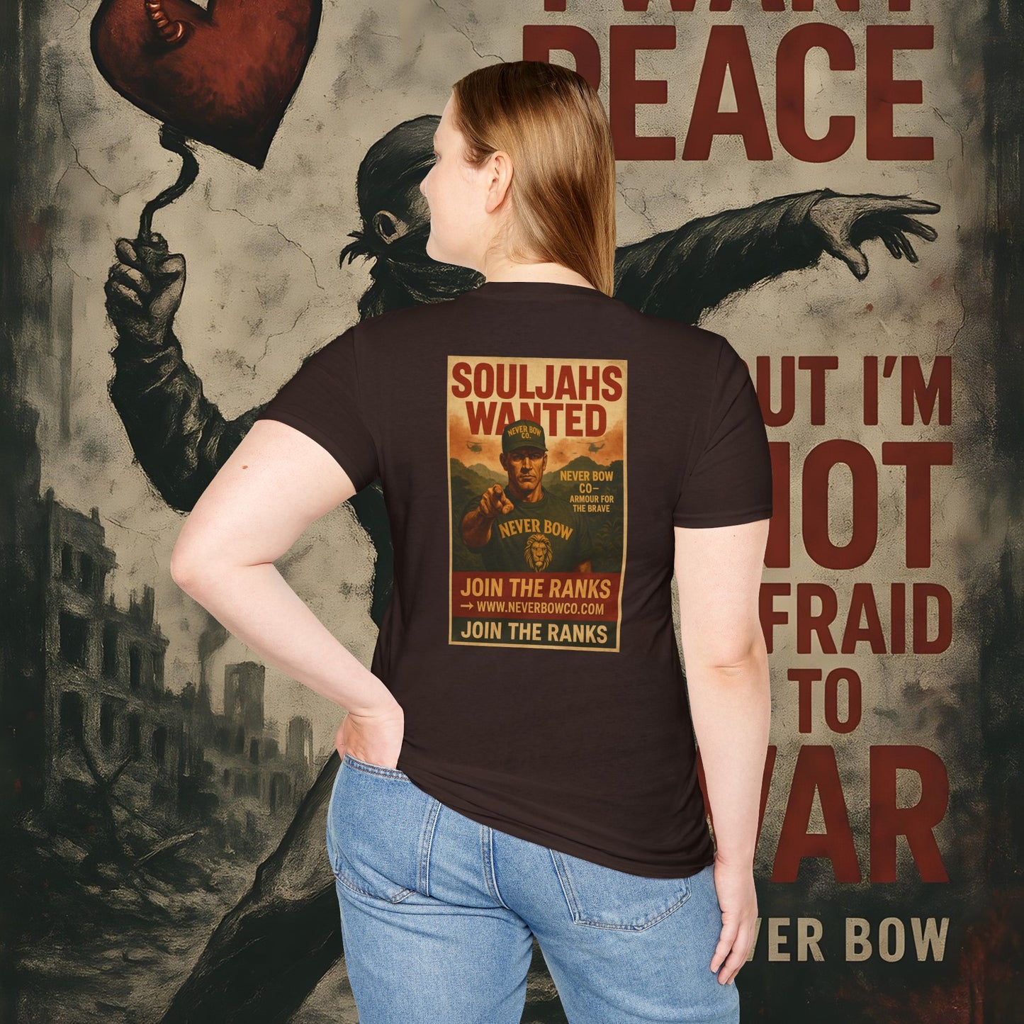 Never Bow Co. “SoulJahs Wanted” Tee | SoulJahs, Divine Souls — this is your calling. Armour for rebels who refuse chains. Vintage war-poster design, lion crest strength, built to outlast empires. Join the ranks. Never Bow.
