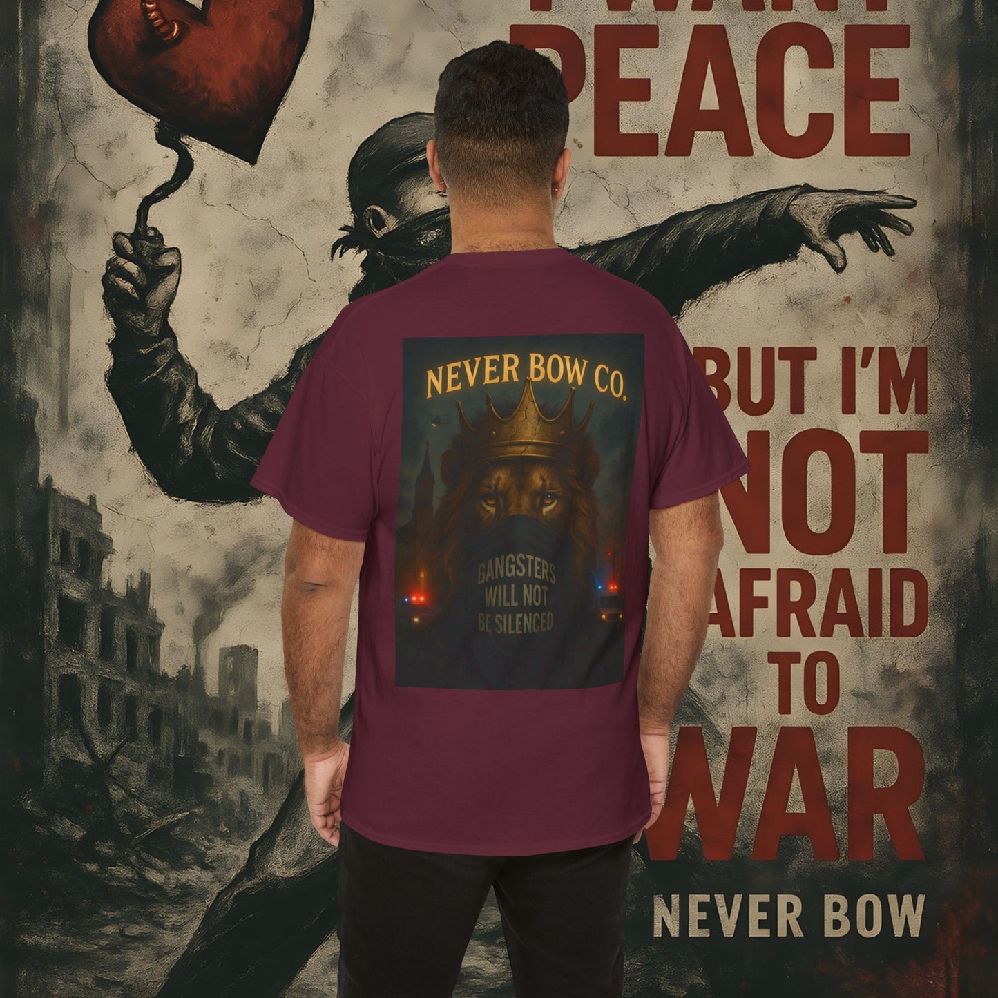 (Heavy Tee) Never Bow Co “Justice Will Be Heard” | Justice has a voice, and it roars from your back. Heavy cotton, bold print — a rebel’s declaration that truth echoes louder than lies. Wear it. Make them listen.