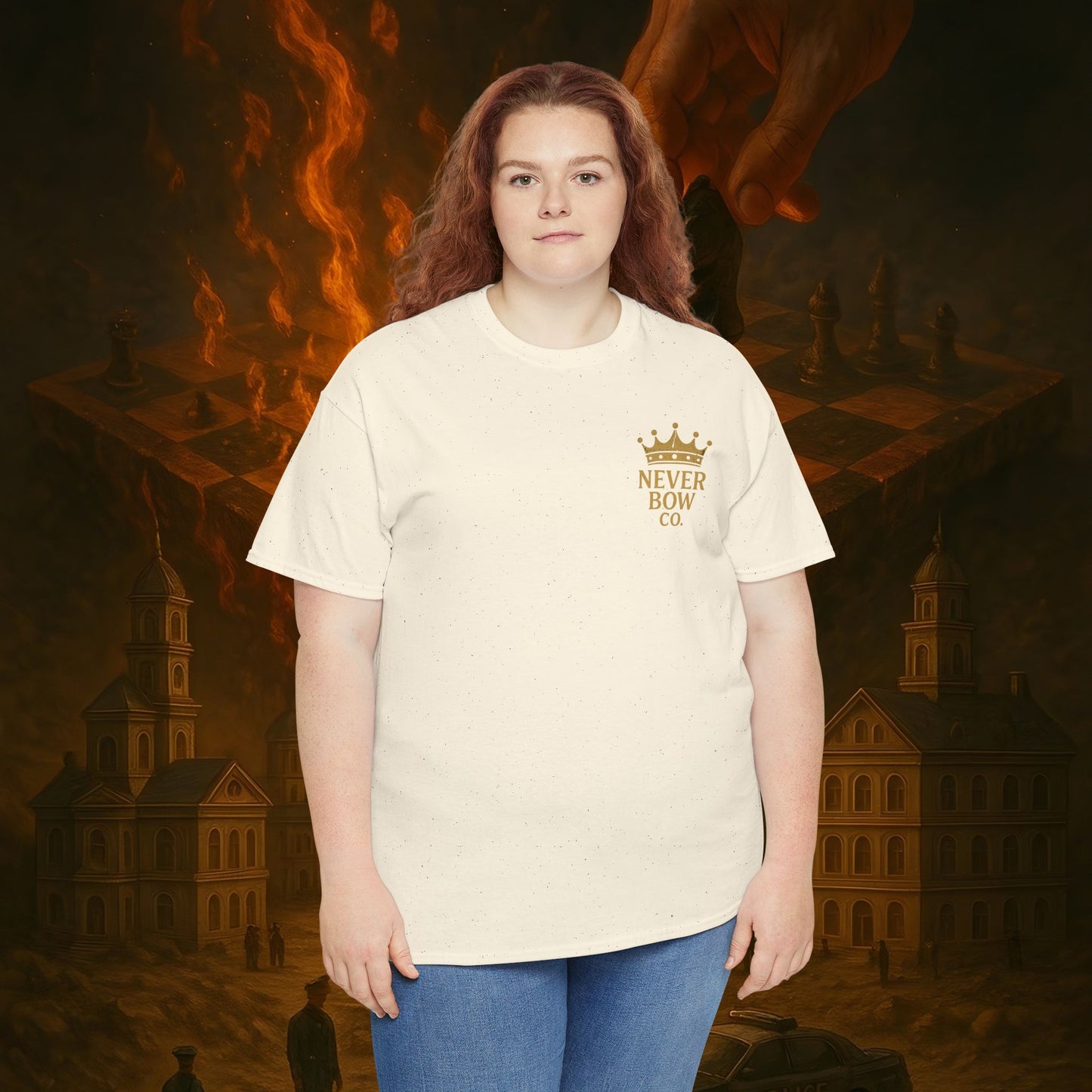 (Heavy Tee) Never Bow Co. Chess Series Tee – “The Game Is Over” | Statement tee featuring the iconic chessboard design — a symbol of battles fought and finished. Built for warriors who refuse to bow, it declares checkmate to the system with style.