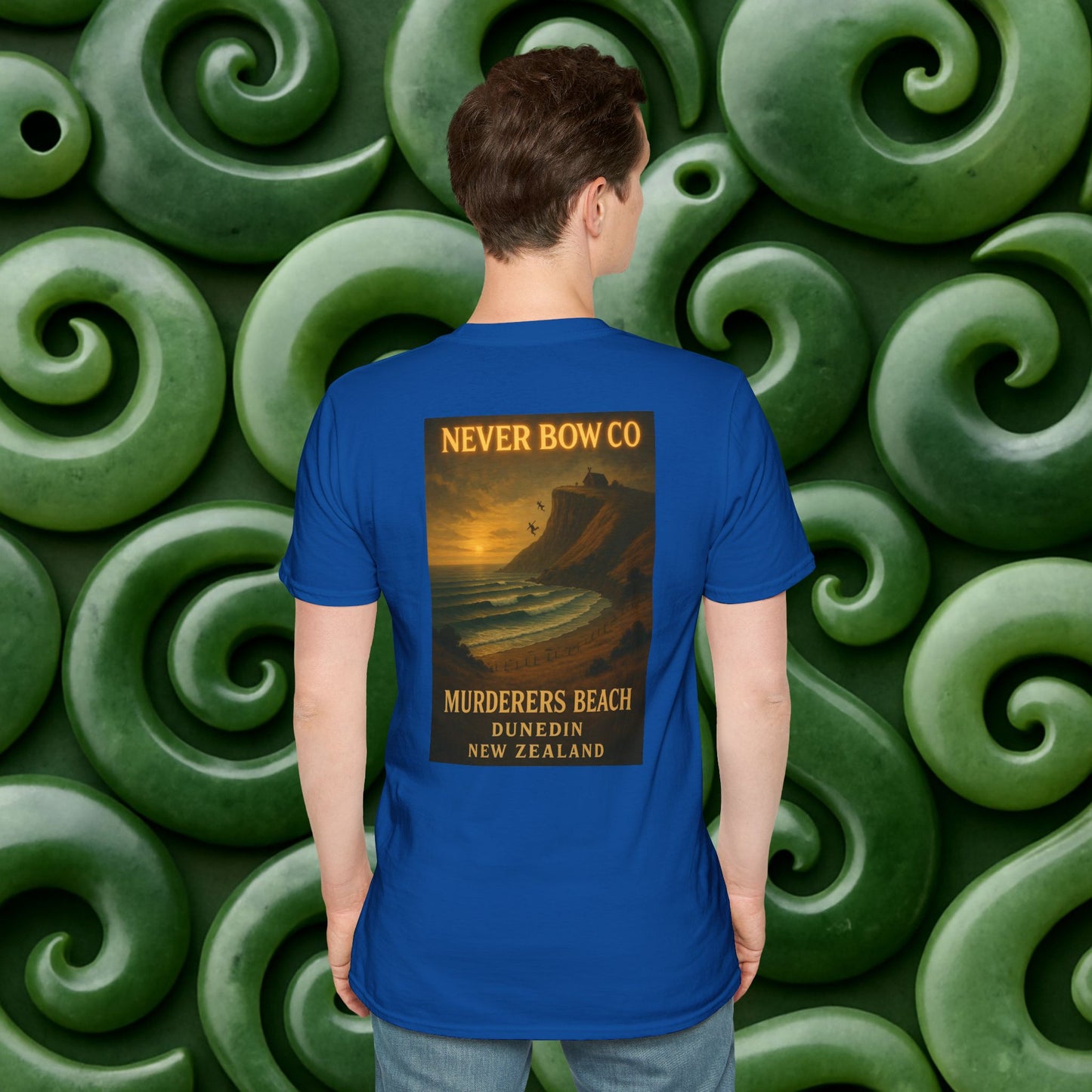Never Bow Co. “Murderers Beach” Graphic Tee | Lightweight cotton tee honouring Murderers Beach — a symbol of defiance and spirit. Built for rebels and seekers of truth, it carries NZ legend in every thread.