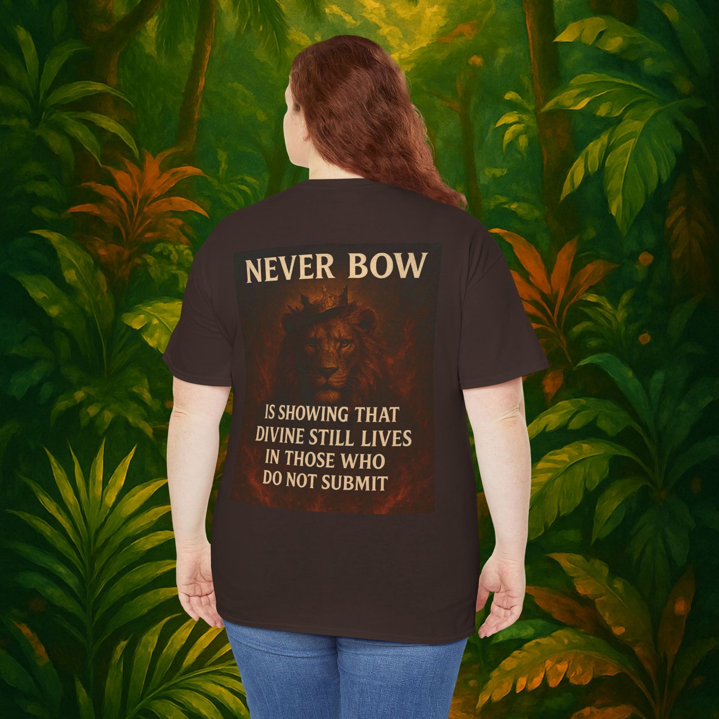 (Heavy Tee) Never Bow Co “Divine Still Lives” Statement Shirt | The Divine Still Lives "Heavy Tee" carries defiance: “Divine still lives in those who don’t submit.” A unisex cut for warriors, rebels, and truth seekers.