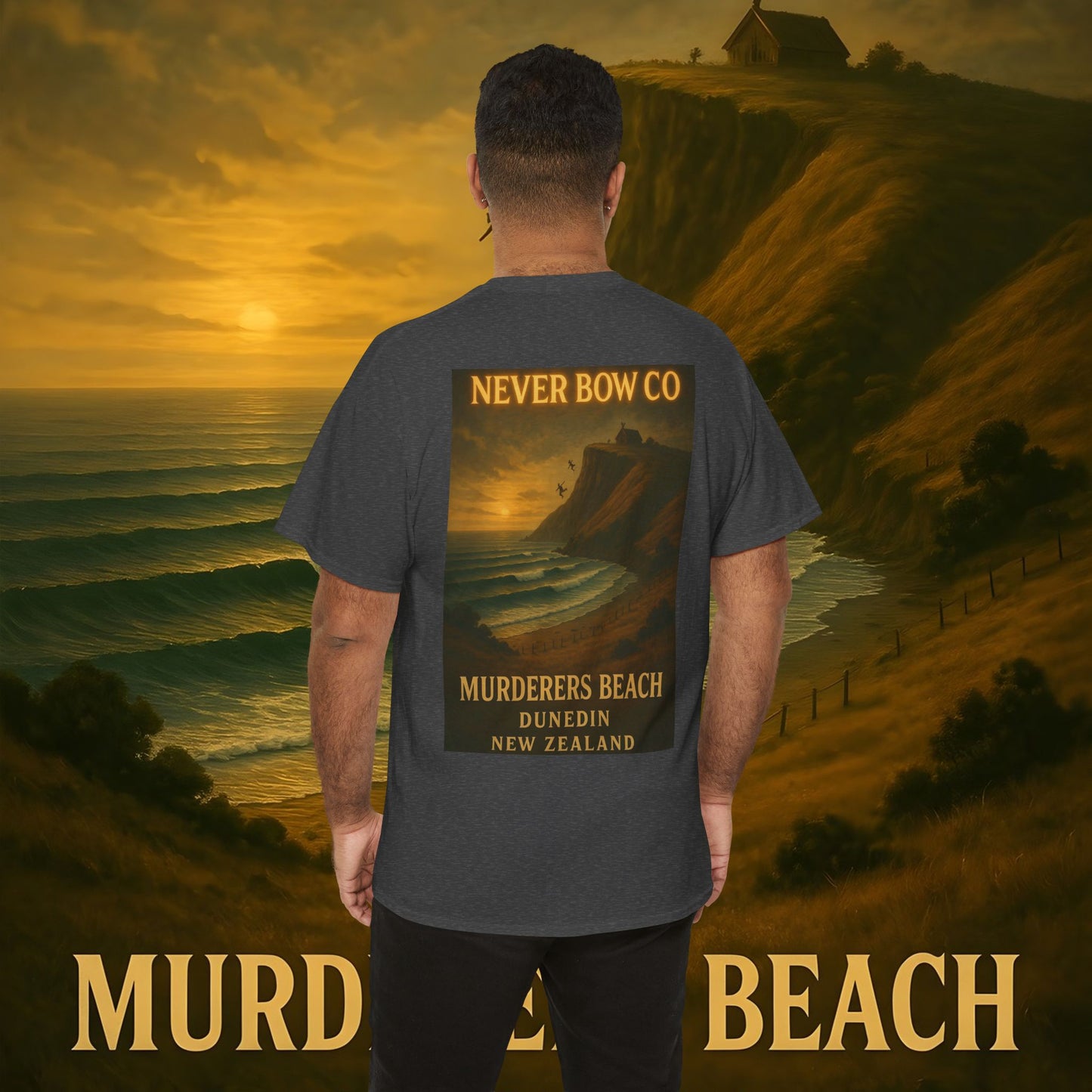 (Heavy Tee) Never Bow Co. “Murderers Beach” | Tribute to New Zealand’s Murderers Beach — a place of history, spirit, and defiance. Heavy cotton tee built for rebels, truth seekers, and ocean warriors. Wear the legend. Never Bow.