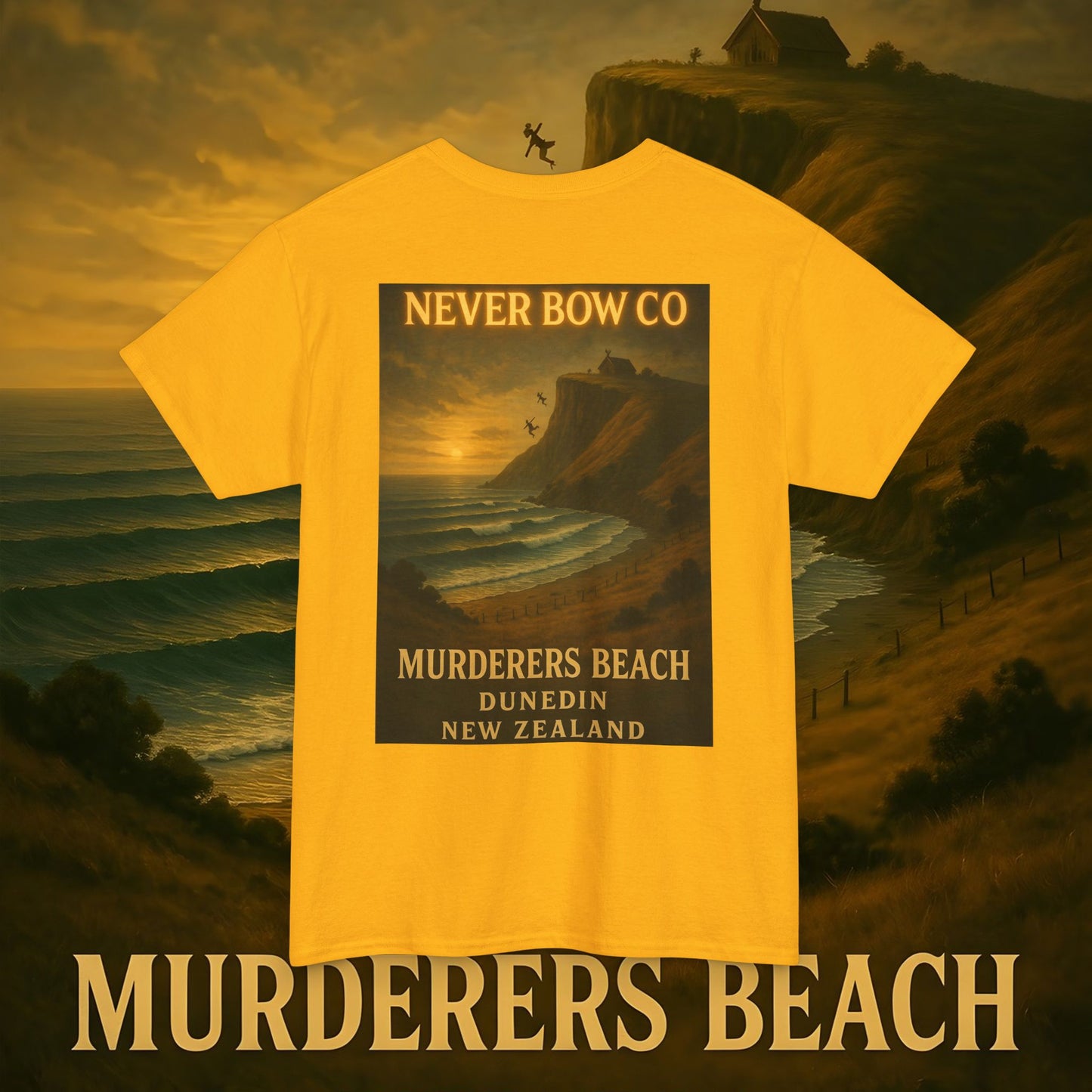 (Heavy Tee) Never Bow Co. “Murderers Beach” | Tribute to New Zealand’s Murderers Beach — a place of history, spirit, and defiance. Heavy cotton tee built for rebels, truth seekers, and ocean warriors. Wear the legend. Never Bow.