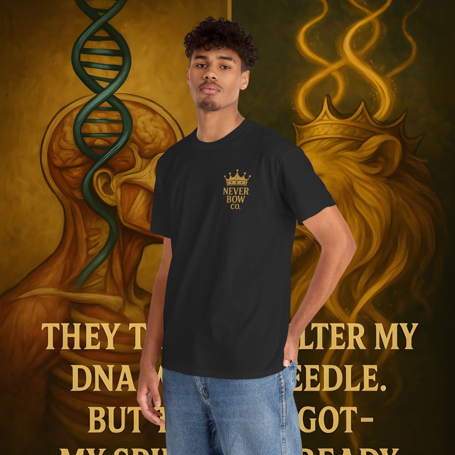 (Heavy Tee) Never Bow Co “Divine Still Lives” Statement Shirt | The Divine Still Lives "Heavy Tee" carries defiance: “Divine still lives in those who don’t submit.” A unisex cut for warriors, rebels, and truth seekers.