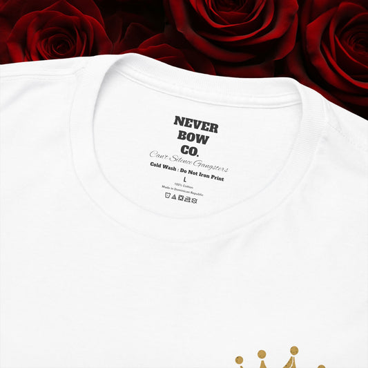 (Heavy Tee) Never Bow Co “Justice Will Be Heard” | Justice has a voice, and it roars from your back. Heavy cotton, bold print — a rebel’s declaration that truth echoes louder than lies. Wear it. Make them listen.
