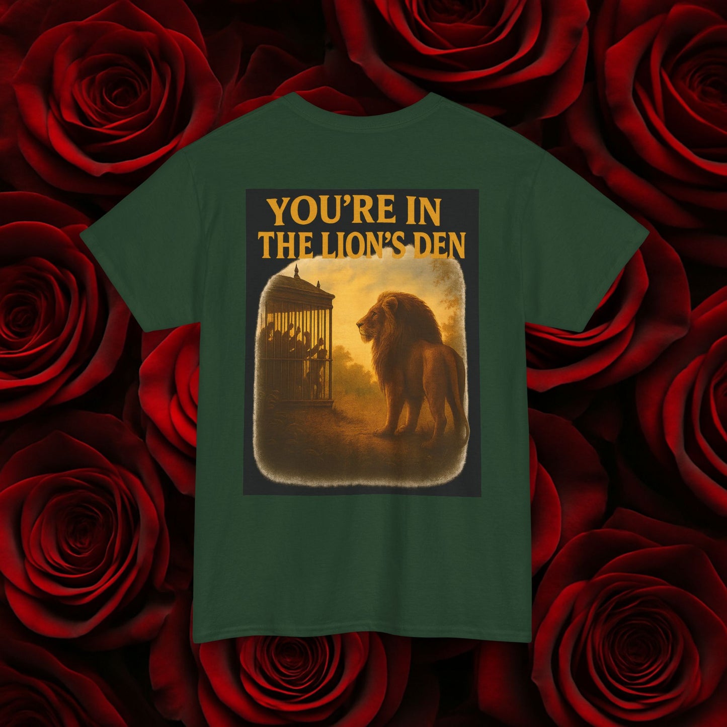 (Heavy Tee) Never Bow Co “You’re in the Lion’s Den” Graphic Streetwear Tee | Step into the Lion’s Den. Fearless statement piece built for warriors who refuse silence. Heavy cotton, bold graphic, courtroom grit. Wear strength, fight truth, and Never Bow.