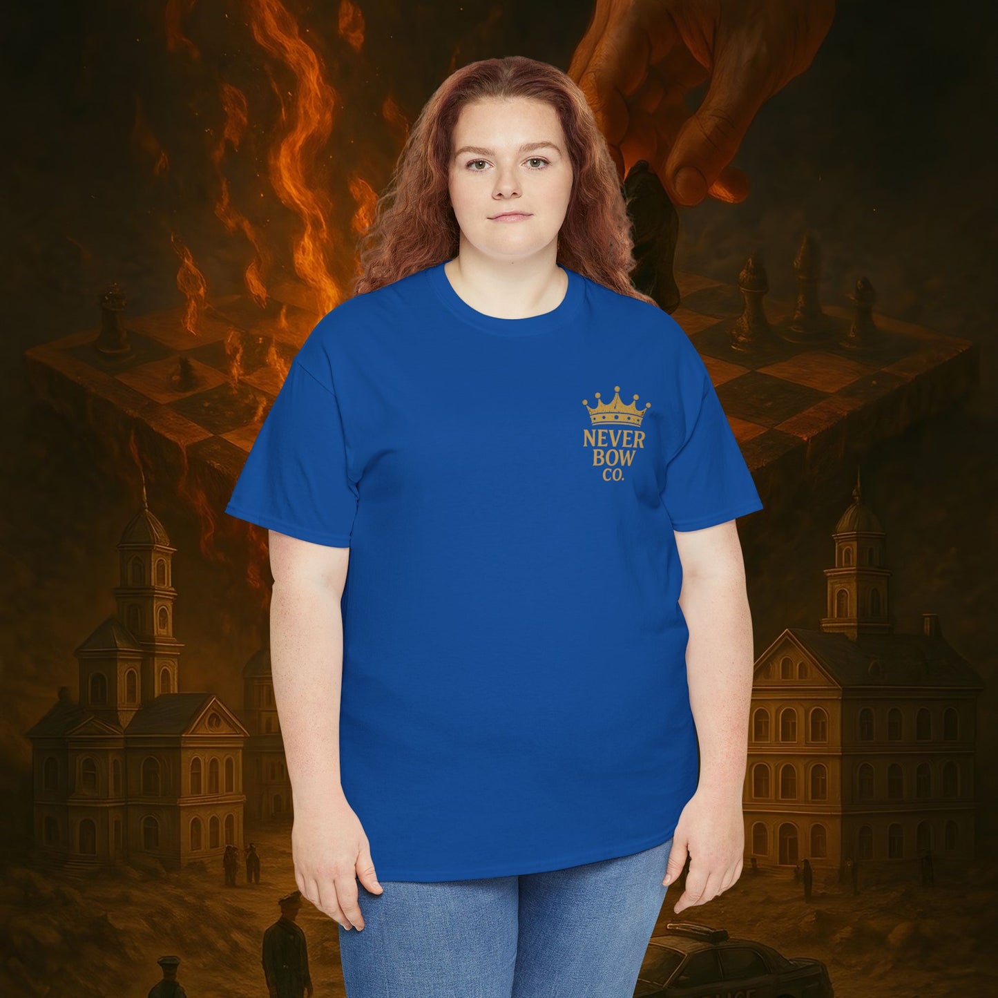 (Heavy Tee) Never Bow Co. Chess Series Tee – “The Game Is Over” | Statement tee featuring the iconic chessboard design — a symbol of battles fought and finished. Built for warriors who refuse to bow, it declares checkmate to the system with style.