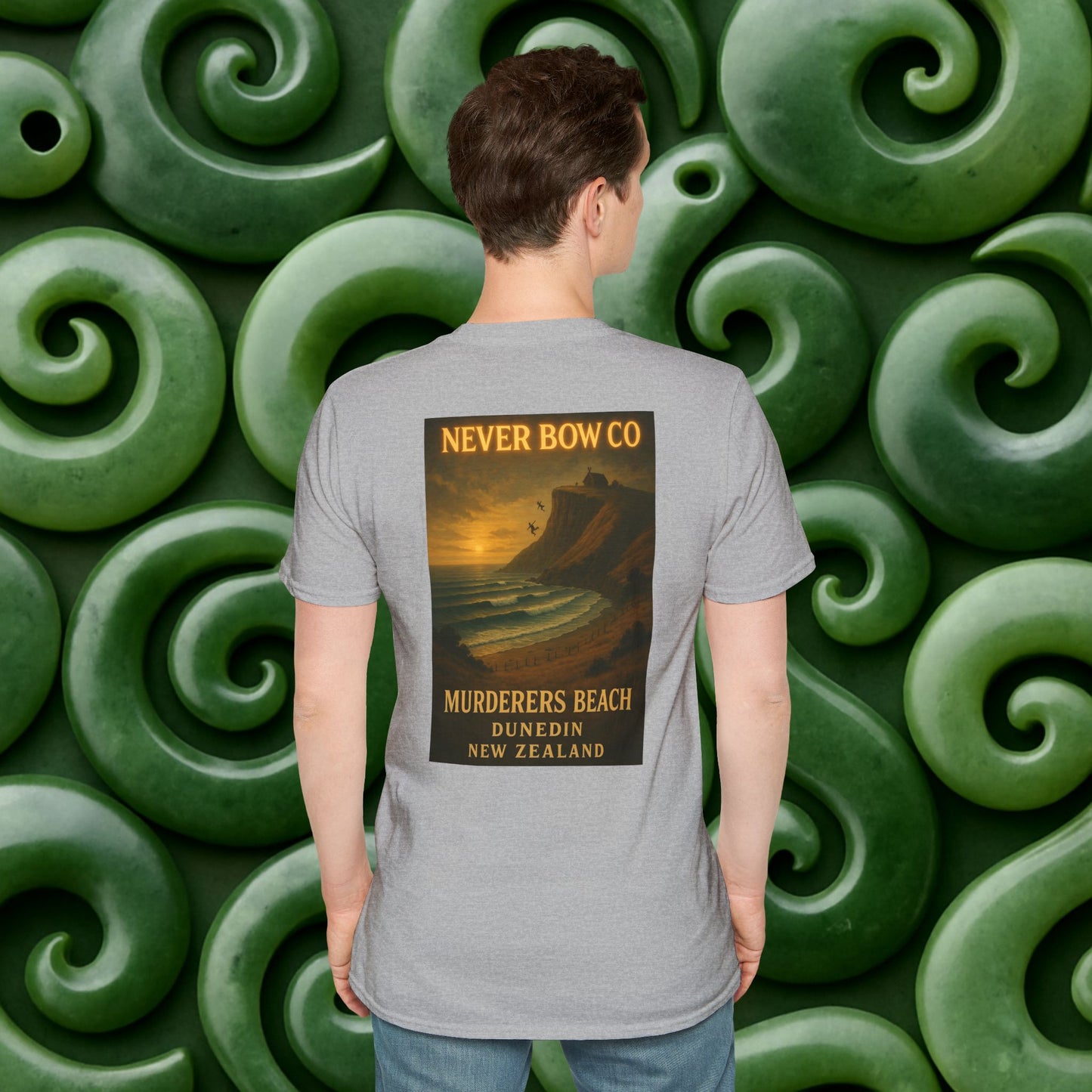 Never Bow Co. “Murderers Beach” Graphic Tee | Lightweight cotton tee honouring Murderers Beach — a symbol of defiance and spirit. Built for rebels and seekers of truth, it carries NZ legend in every thread.