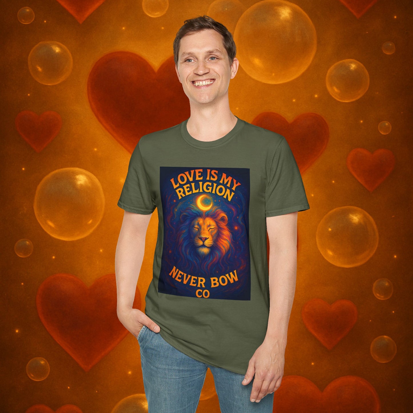 Never Bow Co. “Love Is My Religion” Tee | Spiritual Streetwear Statement declares: Love is my religion. This tee carries spiritual strength and fearless defiance. For seekers, rebels, and warriors who wear love as their creed. Never Bow.