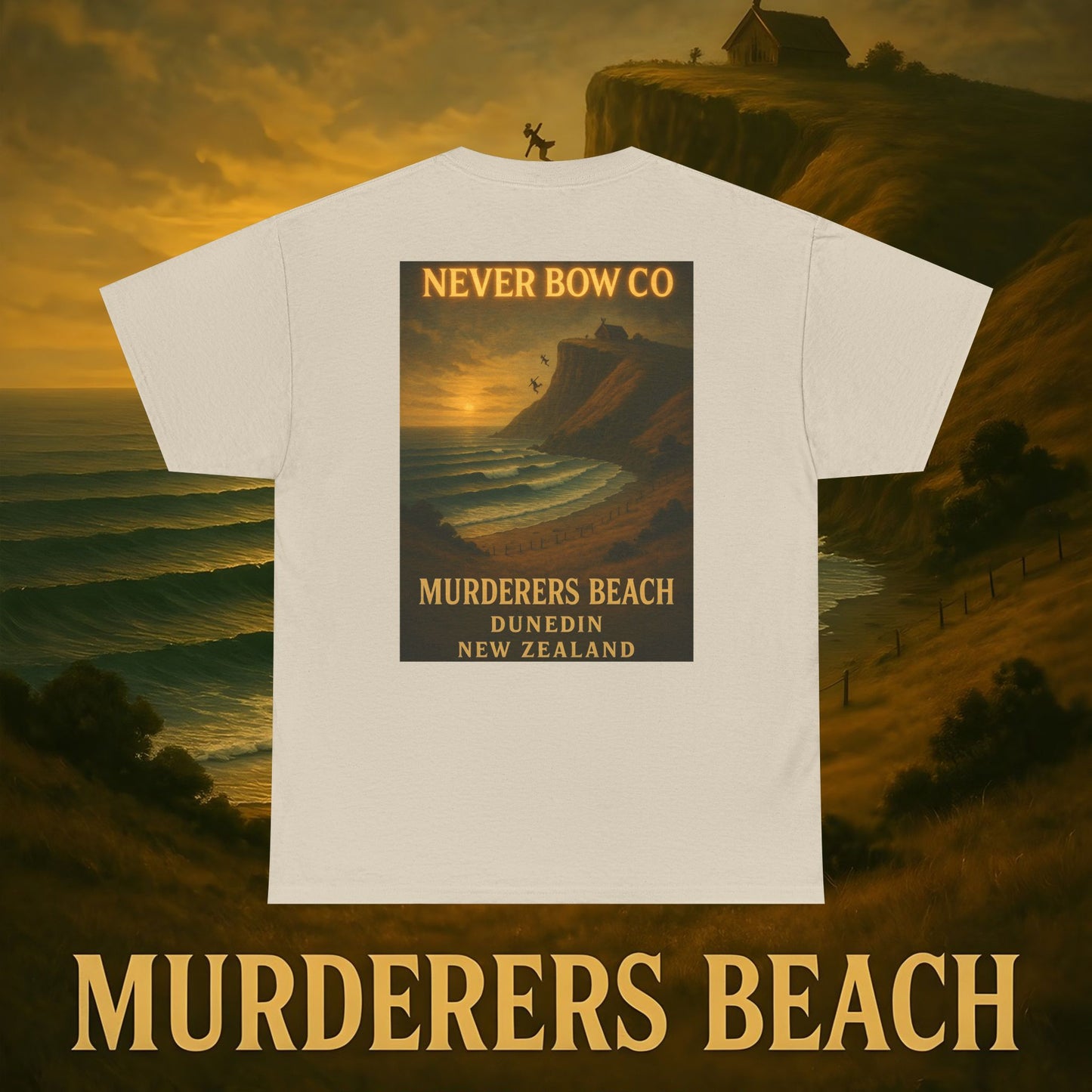 (Heavy Tee) Never Bow Co. “Murderers Beach” | Tribute to New Zealand’s Murderers Beach — a place of history, spirit, and defiance. Heavy cotton tee built for rebels, truth seekers, and ocean warriors. Wear the legend. Never Bow.