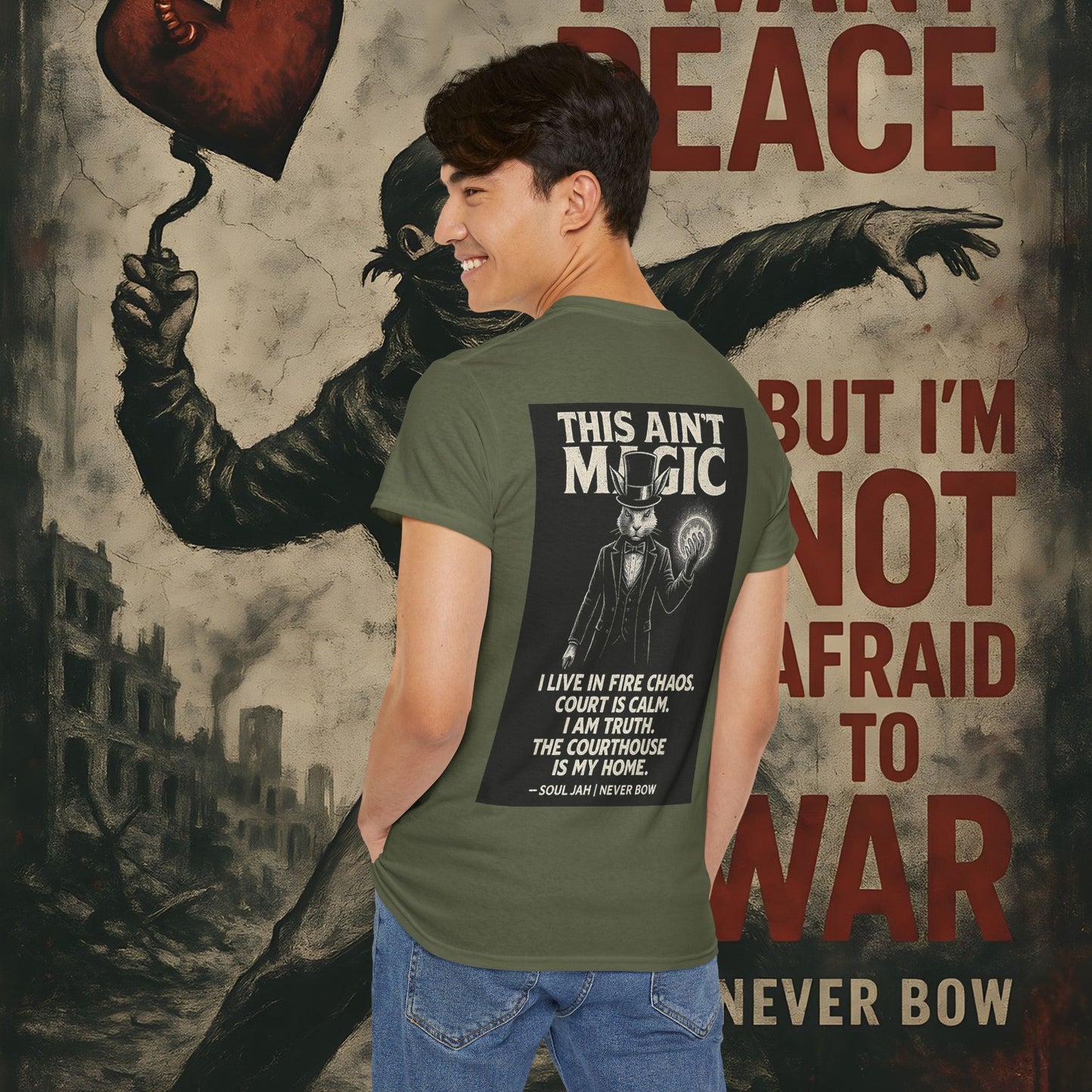 (Heavy Tee) This Ain’t Magic Tee | Chaos is loud. Court is calm. “This Ain’t Magic” lays it bare: truth stands taller than illusions. Heavy cotton built for warriors who carry fire inside but never bow.