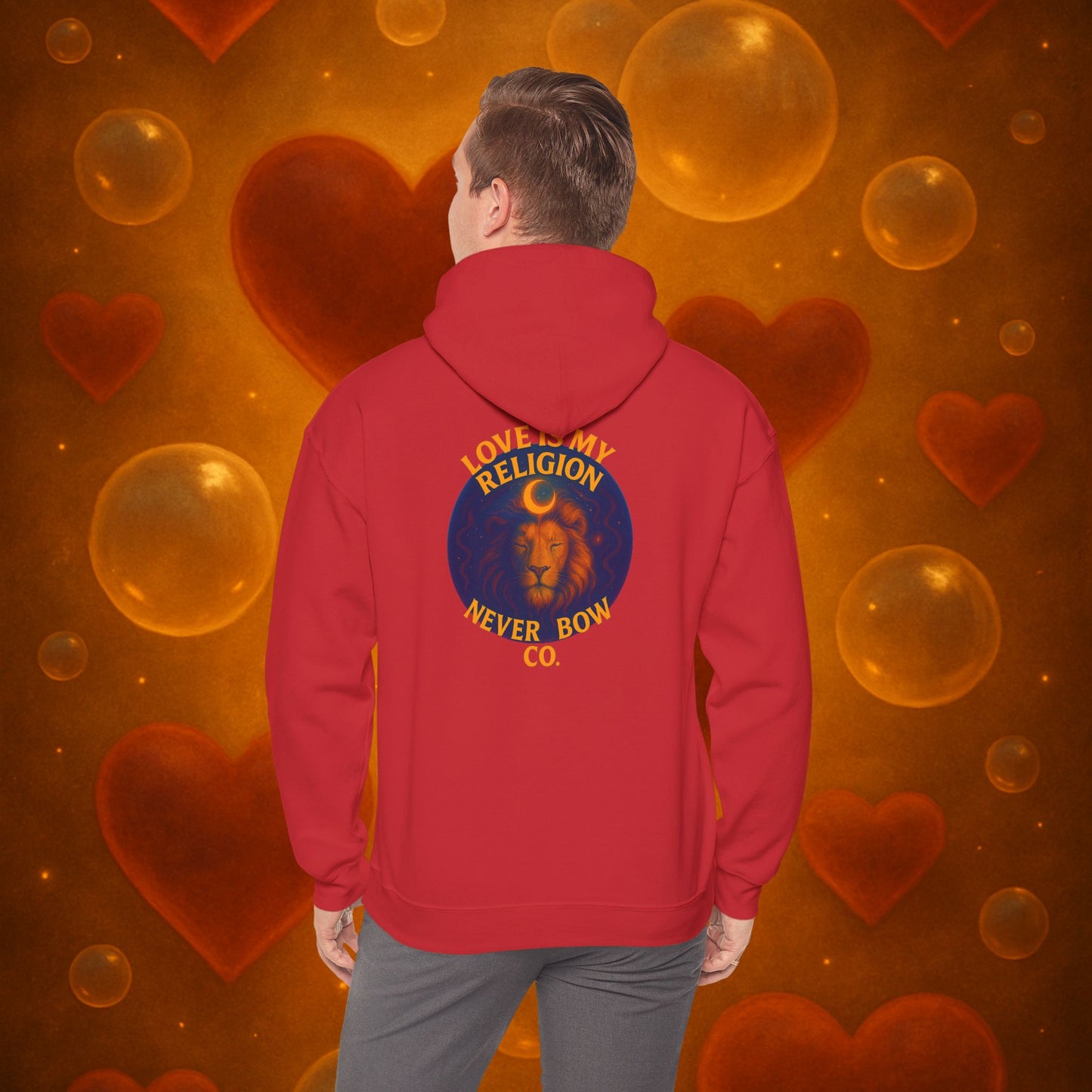Never Bow Co. “Love Is My Religion” Lion Hoodie | A pullover for fearless souls. The crowned lion blazes with defiance: Love Is My Religion. Heavyweight comfort, cosmic strength, and unshakable streetwear for rebels who refuse to bow.