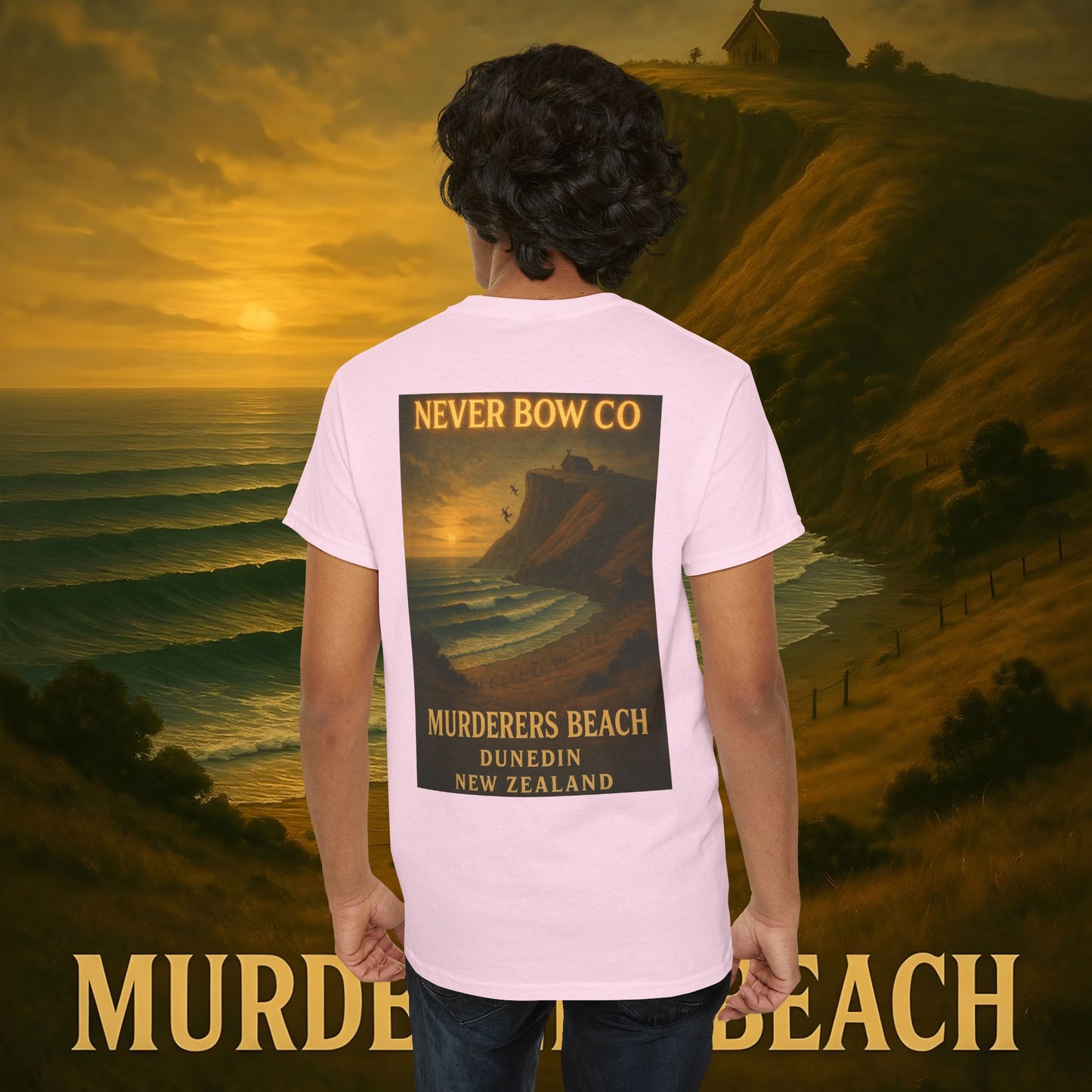 (Heavy Tee) Never Bow Co. “Murderers Beach” | Tribute to New Zealand’s Murderers Beach — a place of history, spirit, and defiance. Heavy cotton tee built for rebels, truth seekers, and ocean warriors. Wear the legend. Never Bow.