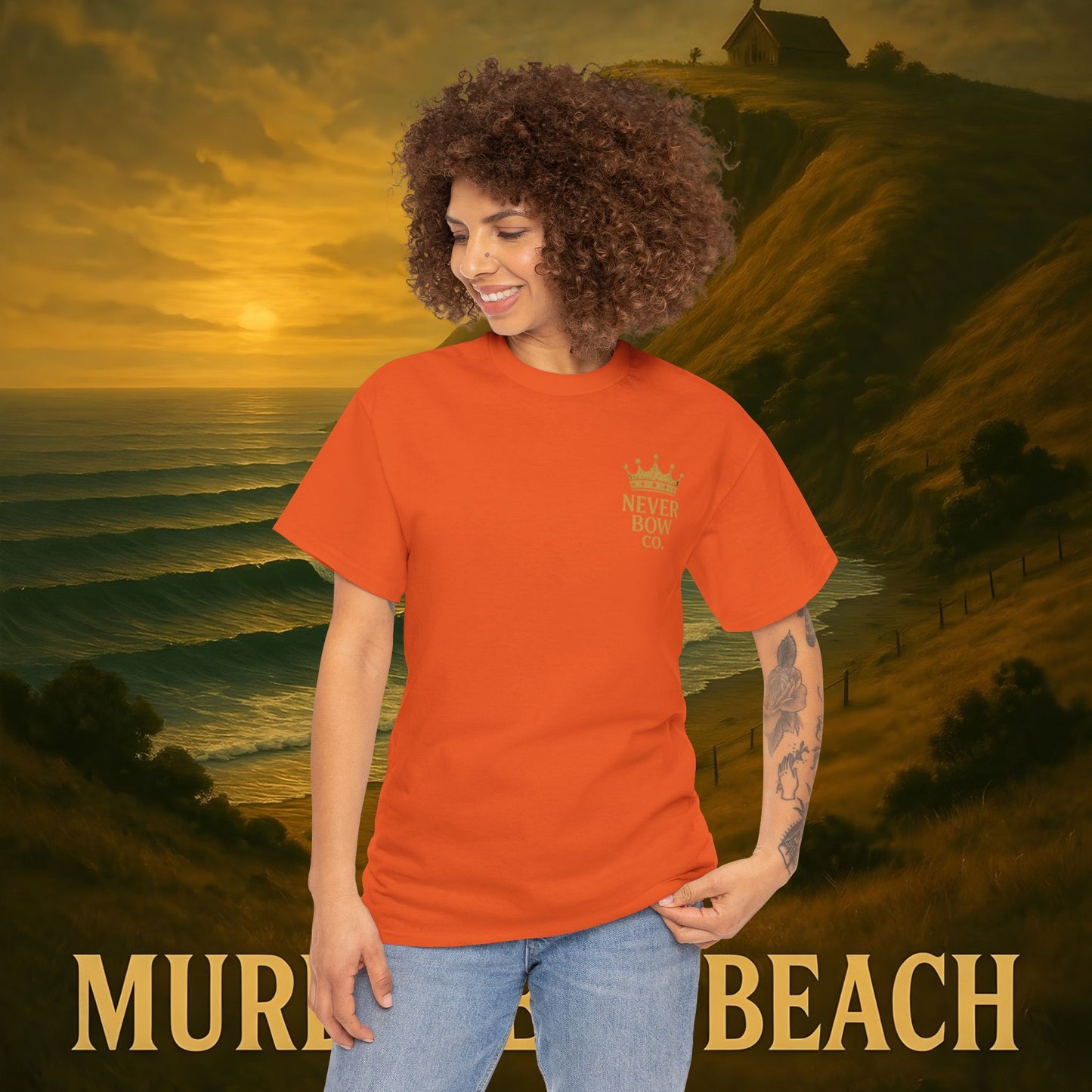 (Heavy Tee) Never Bow Co. “Murderers Beach” | Tribute to New Zealand’s Murderers Beach — a place of history, spirit, and defiance. Heavy cotton tee built for rebels, truth seekers, and ocean warriors. Wear the legend. Never Bow.