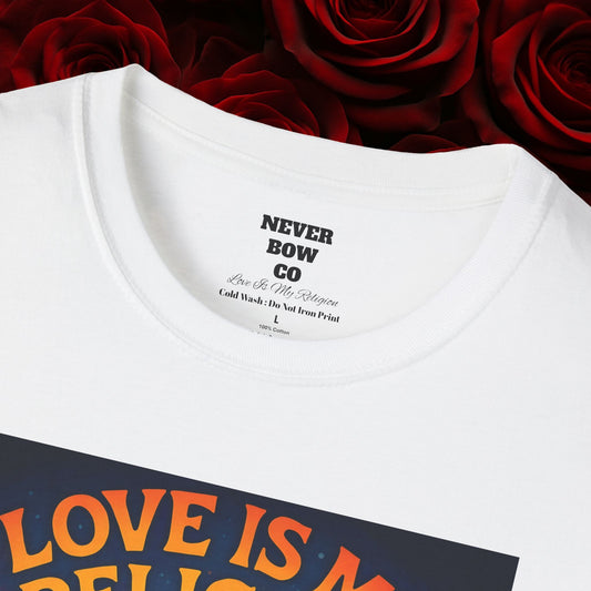 Never Bow Co. “Love Is My Religion” Tee | Spiritual Streetwear Statement declares: Love is my religion. This tee carries spiritual strength and fearless defiance. For seekers, rebels, and warriors who wear love as their creed. Never Bow.