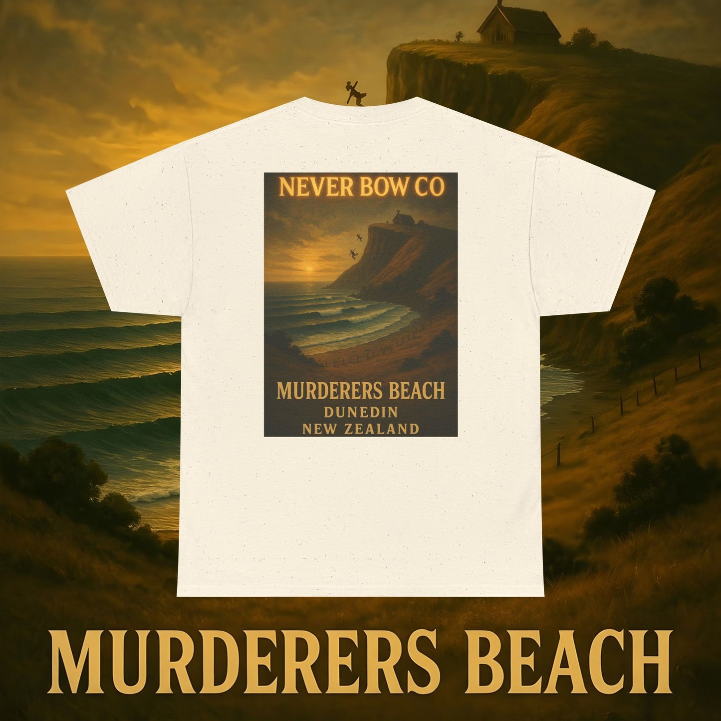 (Heavy Tee) Never Bow Co. “Murderers Beach” | Tribute to New Zealand’s Murderers Beach — a place of history, spirit, and defiance. Heavy cotton tee built for rebels, truth seekers, and ocean warriors. Wear the legend. Never Bow.