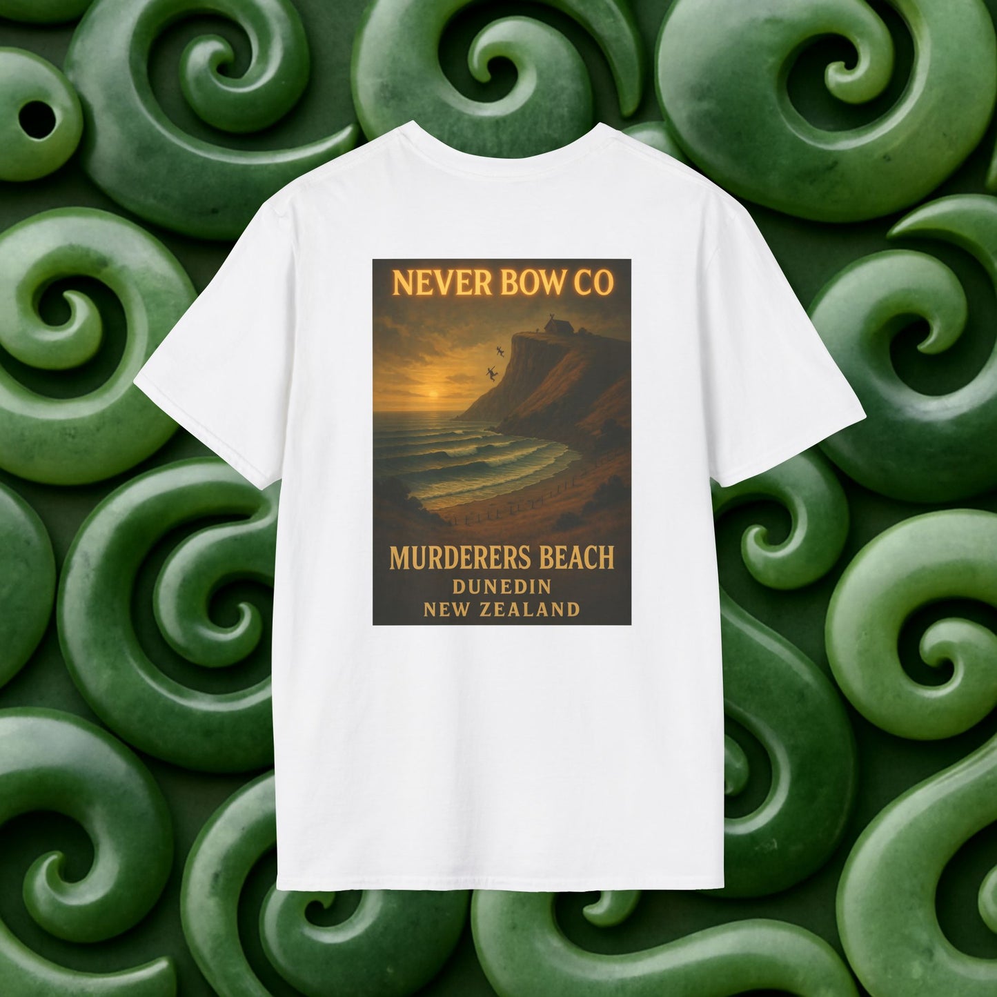 Never Bow Co. “Murderers Beach” Graphic Tee | Lightweight cotton tee honouring Murderers Beach — a symbol of defiance and spirit. Built for rebels and seekers of truth, it carries NZ legend in every thread.