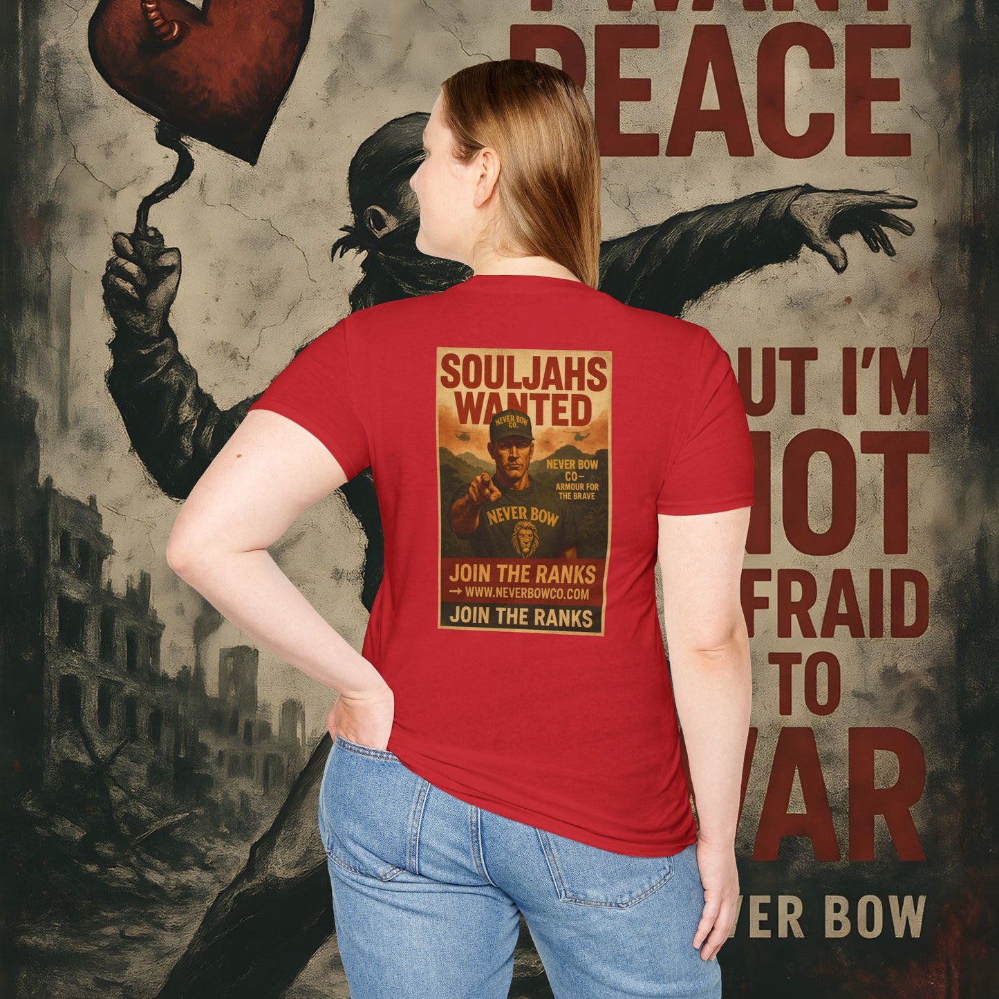 Never Bow Co. “SoulJahs Wanted” Tee | SoulJahs, Divine Souls — this is your calling. Armour for rebels who refuse chains. Vintage war-poster design, lion crest strength, built to outlast empires. Join the ranks. Never Bow.