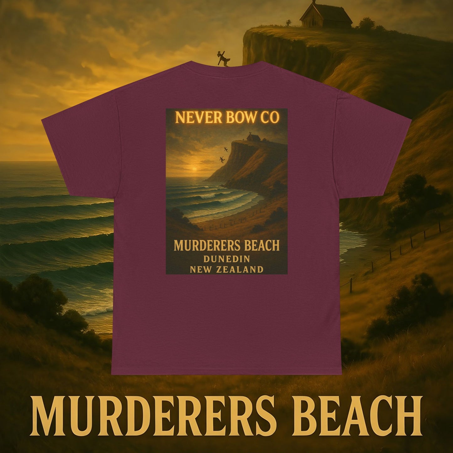 (Heavy Tee) Never Bow Co. “Murderers Beach” | Tribute to New Zealand’s Murderers Beach — a place of history, spirit, and defiance. Heavy cotton tee built for rebels, truth seekers, and ocean warriors. Wear the legend. Never Bow.