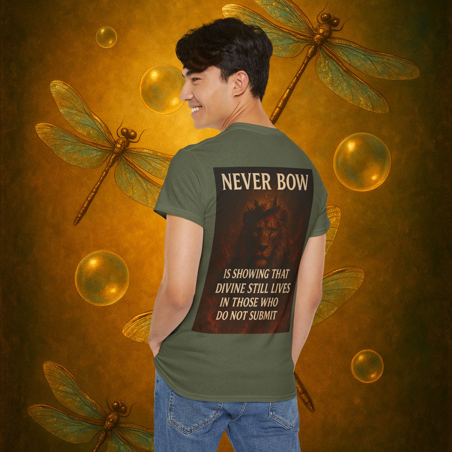 (Heavy Tee) Never Bow Co “Divine Still Lives” Statement Shirt | The Divine Still Lives "Heavy Tee" carries defiance: “Divine still lives in those who don’t submit.” A unisex cut for warriors, rebels, and truth seekers.