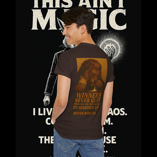 (Heavy Tee) Winners Never Quit Tee | Built for warriors who refuse to fold. “Winners Never Quit. When they fall, they just learn to harden up.” Perfect for strength, grit, and statement style.